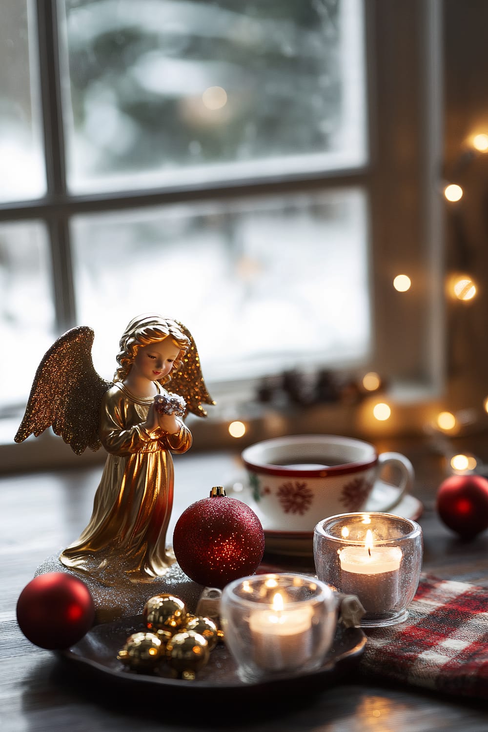 A Christmas scene featuring a golden angel figurine with glittery wings and hands clasped in prayer, surrounded by red and gold baubles and three lit candles in glass holders on a dark tray. In the background, there is a white teacup with a red snowflake design, sitting on a saucer, and a red and white plaid cloth. The scene is set in front of a window showcasing a snowy landscape and blurred string lights.