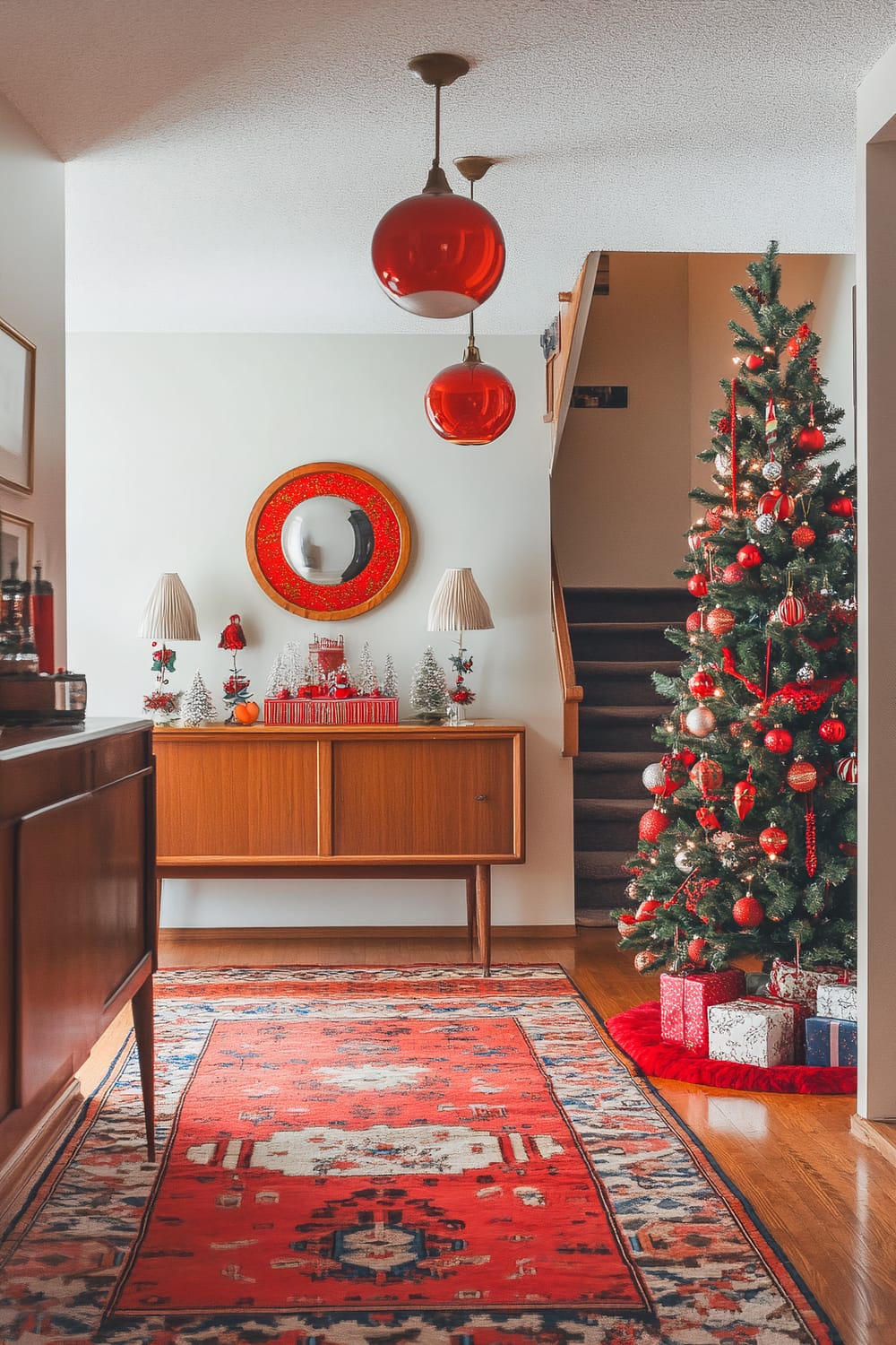 A 1950s retro entryway decorated for Christmas. The space features a vintage wooden console table adorned with festive decor, including small Christmas trees and holiday figurines. A bold patterned rug in red and white covers the floor. An artificial Christmas tree, decorated in red and gold ornaments, is placed next to a staircase. Red spherical pendant lights hang from the ceiling, and a red-framed circular mirror is mounted on the wall above the console table.