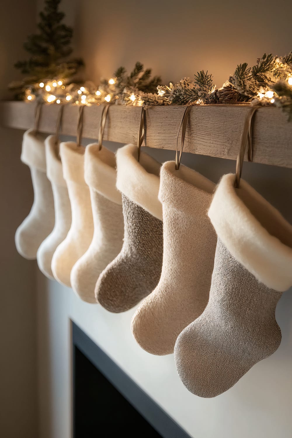 A row of traditional Christmas stockings in soft neutral shades of white, gray, and beige, hanging from a minimalist wooden mantel. Each stocking is accented with subtle metallic ties. The mantel is adorned with a garland of pine branches and small, warm white string lights, creating a festive, cozy atmosphere.