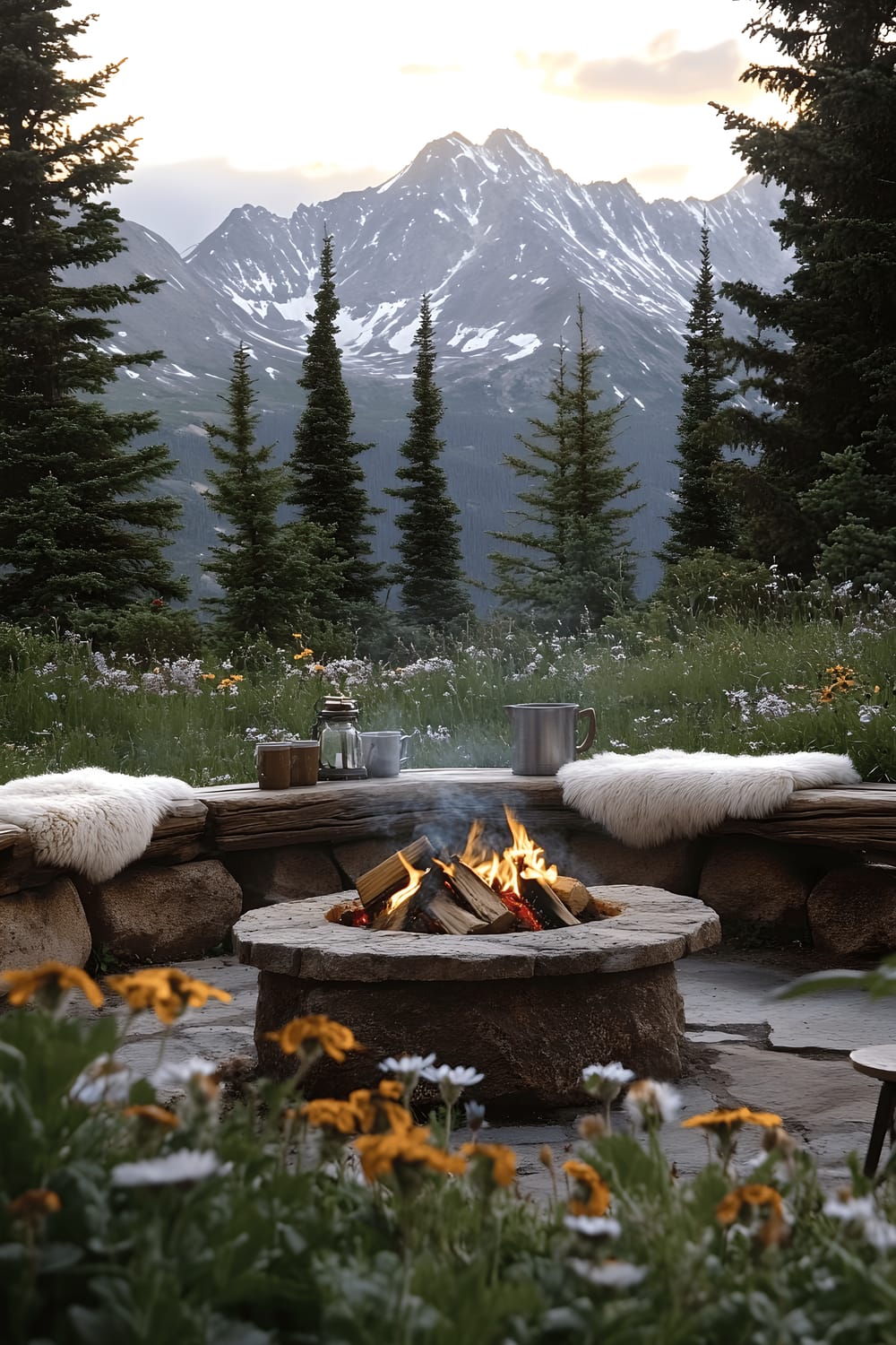 A rustic patio in the mountains surrounded by wildflowers and tall pine trees. A fire pit made of stone is in the center, surrounded by log benches draped with sheepskin throws. On a nearby table, a pot of hot chocolate steams next to a few mugs. In the distance, snow-capped mountain peaks create a stunning backdrop.