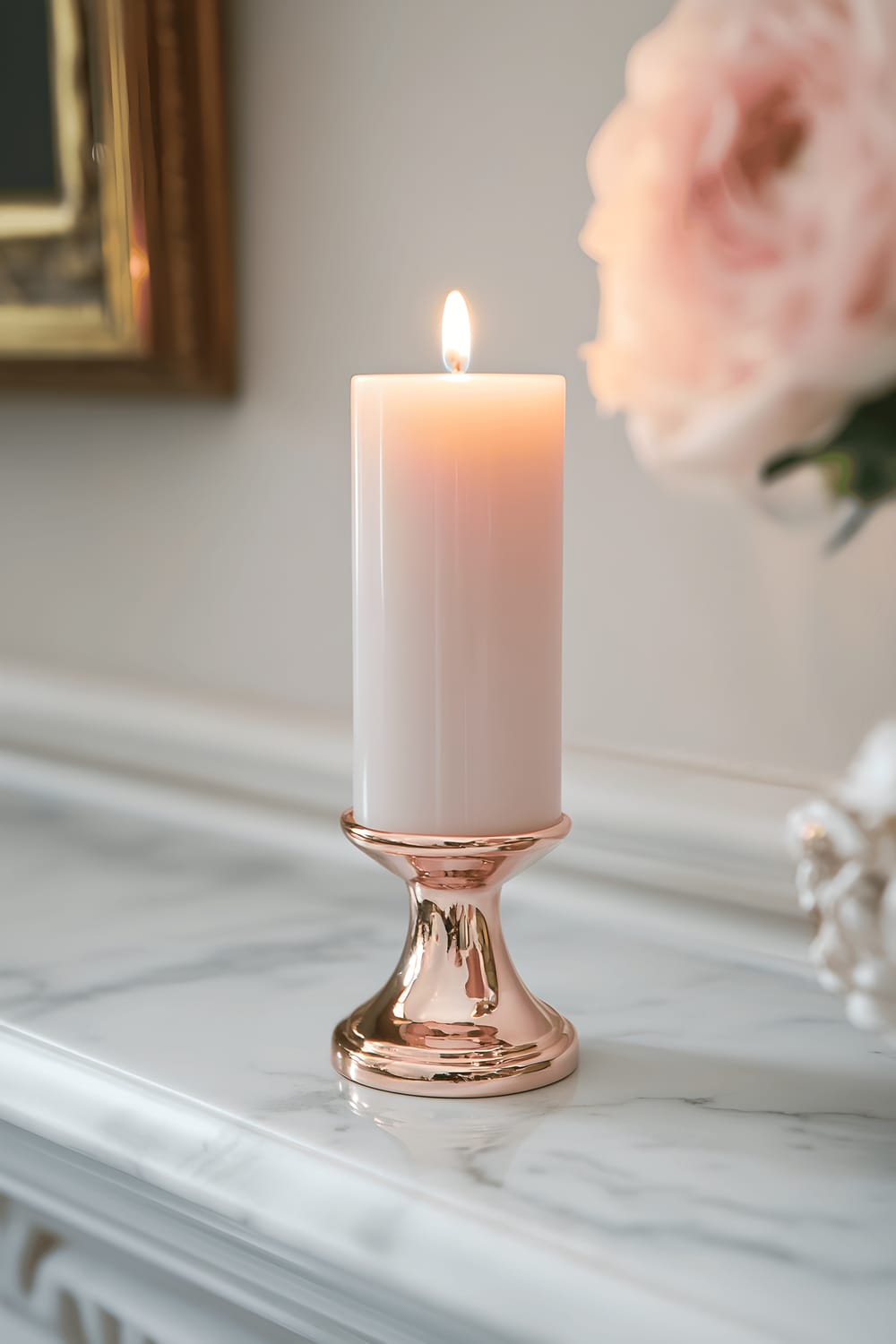 A tall, lit porcelain candle with a subtle pearl finish stands in a rose gold holder on a white marble mantel. The soft light from the candle casts a gentle pink glow that meshes beautifully with the rose gold's metallic sheen, enhancing its elegance.