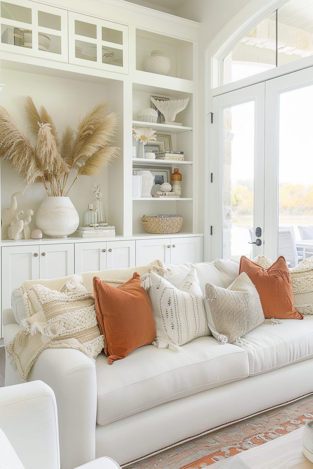 A stylish living room features a white couch adorned with a mix of mustard, white, and beige throw pillows. A built-in shelving unit behind the couch displays decorative items, including vases, sculptures, books, and dried pampas grass in a large ceramic pot. The room is illuminated by natural light streaming through tall windows with a view of an outdoor patio and colorful trees.