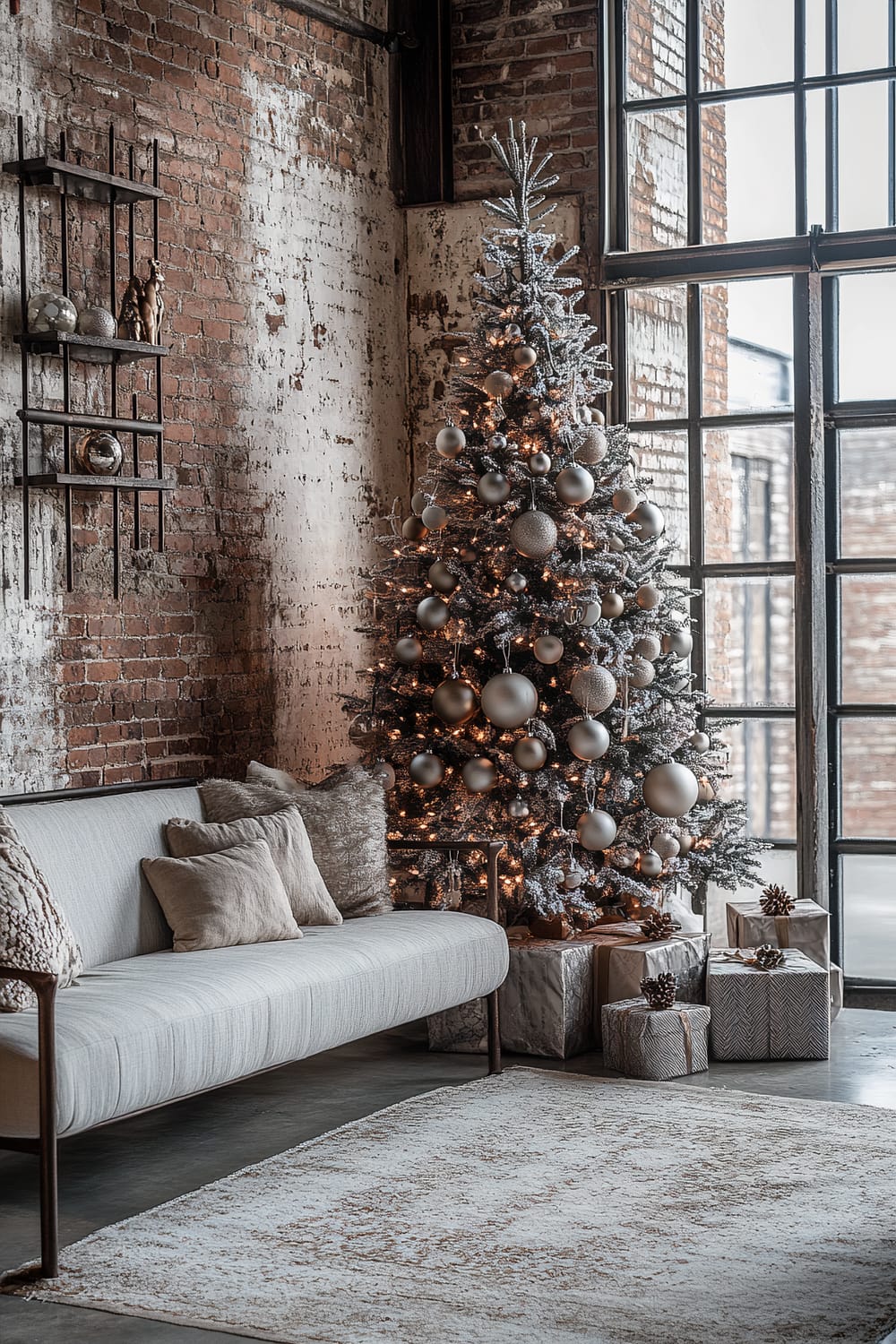 A stylish living room with an industrial-chic vibe is decorated for the holiday season. The focal point is a meticulously adorned Christmas tree with muted, metallic ornaments and soft white lights, set against an exposed brick wall with peeling paint. To the left, a modern, minimalist sofa with a metal frame and plush, light gray cushions is adorned with neutral-colored, textured throw pillows. A large industrial-style window brings in natural light, illuminating gift-wrapped presents at the base of the Christmas tree. The floor is anchored by a subtly patterned, neutral-toned rug that adds warmth to the space.