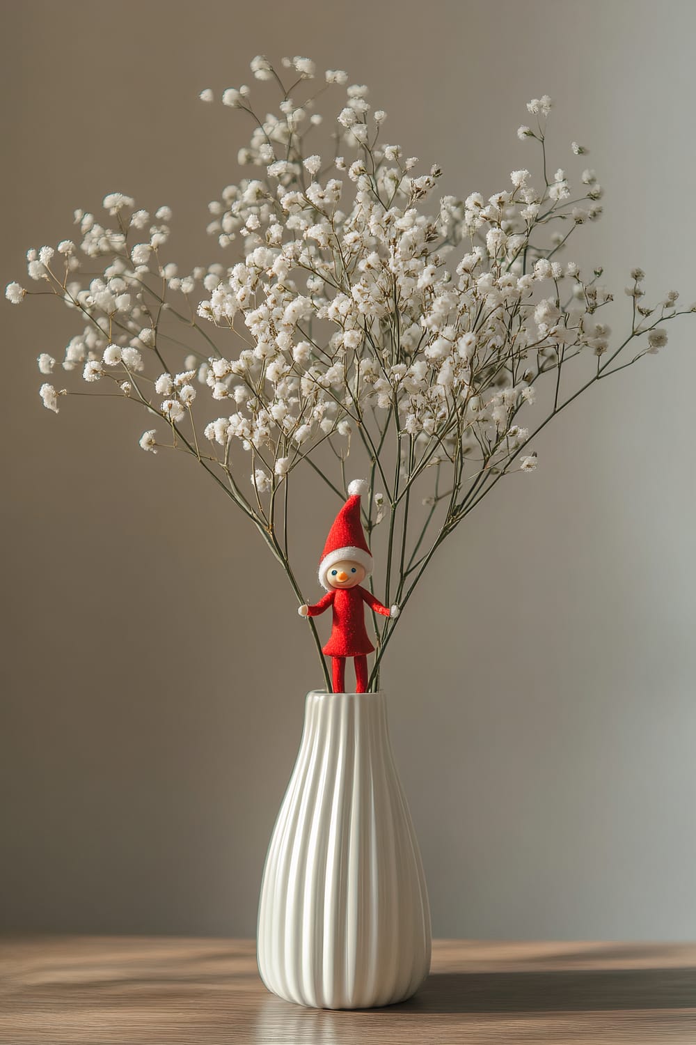 An Elf on the Shelf dressed in a vivid red outfit stands inside a fluted white vase, surrounded by delicate white baby's breath flowers. The scene is illuminated by soft natural daylight, creating a charming and minimalistic setting.