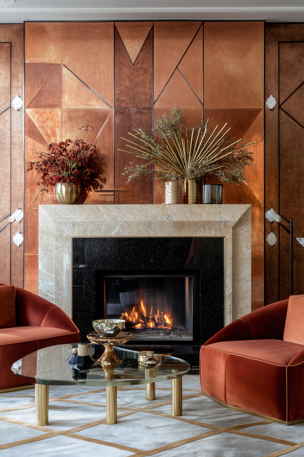 A sophisticated living room features an open flame in a black and beige marble fireplace. The background is a geometric, copper-toned wall panel with intricate patterns. Matching copper-orange, velvet upholstered armchairs surround a sleek glass coffee table with gold legs. The table holds decorative items, including gold and glass pieces. Above the mantel, two vases with dried floral arrangements and metallic branches add artistic touches.