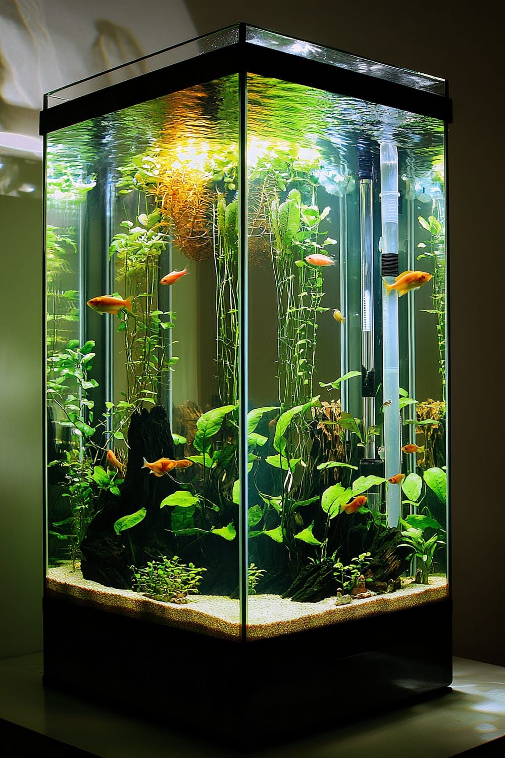 A tall fish tank with mirrored walls and minimal decorations creating an illusion of infinite space. The tank is brightly lit, showcasing several orange fish swimming among green aquatic plants and a sandy bottom with a couple of dark rocks.