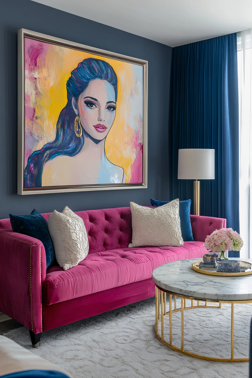 An elegant living room featuring a vibrant painting of a woman with colorful shades of yellow, magenta, and blue, hanging above a plush blush pink velvet sofa. The sofa is adorned with cream lace-like pillows and brass accents. In front of the sofa is a round marble coffee table with gold legs, placed on a cream rug. The room is complemented by navy blue curtains and soft gray walls.