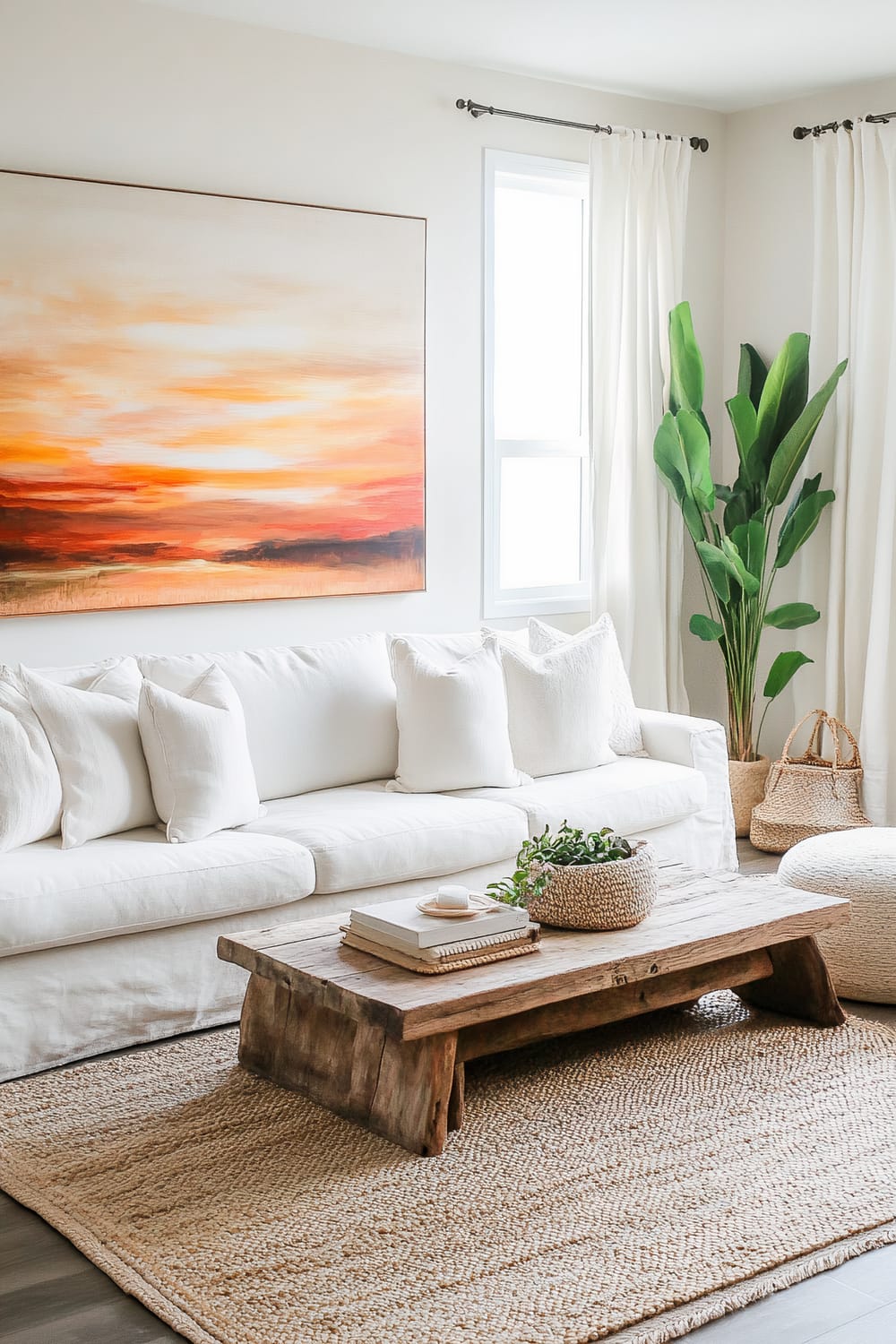 A relaxed, boho-inspired living room featuring a neutral-toned deep-seated linen sofa with several white pillows. In front of the sofa is a rustic wooden coffee table with books and a potted plant on top, placed on a handwoven jute rug. The large painting on the wall showcases bold, sunset-inspired hues. The room includes light-filtering curtains framing the windows, a soft ottoman, woven baskets, and indoor plants adding freshness to the space.