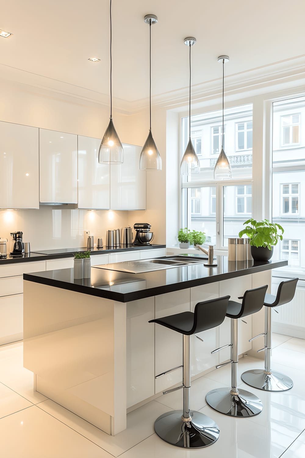 A modern kitchen featuring shiny white cabinetry and dark slate countertops. A central kitchen island is surrounded by matte black bar stools, and pendant lights with frosted glass shades hang overhead. Ceramic canisters in pastel colors are neatly arranged on the countertop, and a potted basil plant serves as a fresh green decorative item. Large windows reveal an urban street scene in Copenhagen, denoting the location of the kitchen.