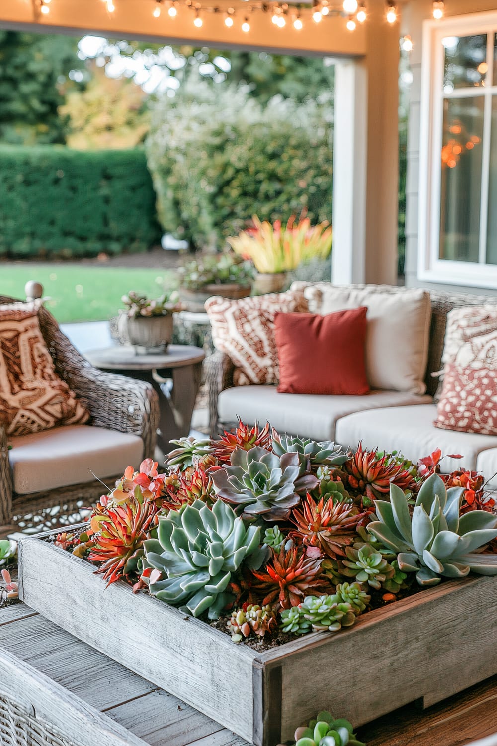 An outdoor seating area with wicker furniture, plush cushions, and vibrant throw pillows. A large wooden box filled with various succulents sits in the foreground on a wooden table. String lights hang from the ceiling, and a lush green garden with neatly trimmed hedges is visible in the background.