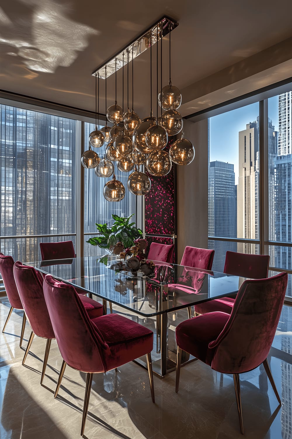 A low angle view of a modern minimalist dining area with a glass dining table framed in sleek metal, surrounded by upholstered velvet chairs in a rich burgundy color. A statement chandelier with exposed Edison bulbs hangs overhead casting dynamic shadows on the floor.