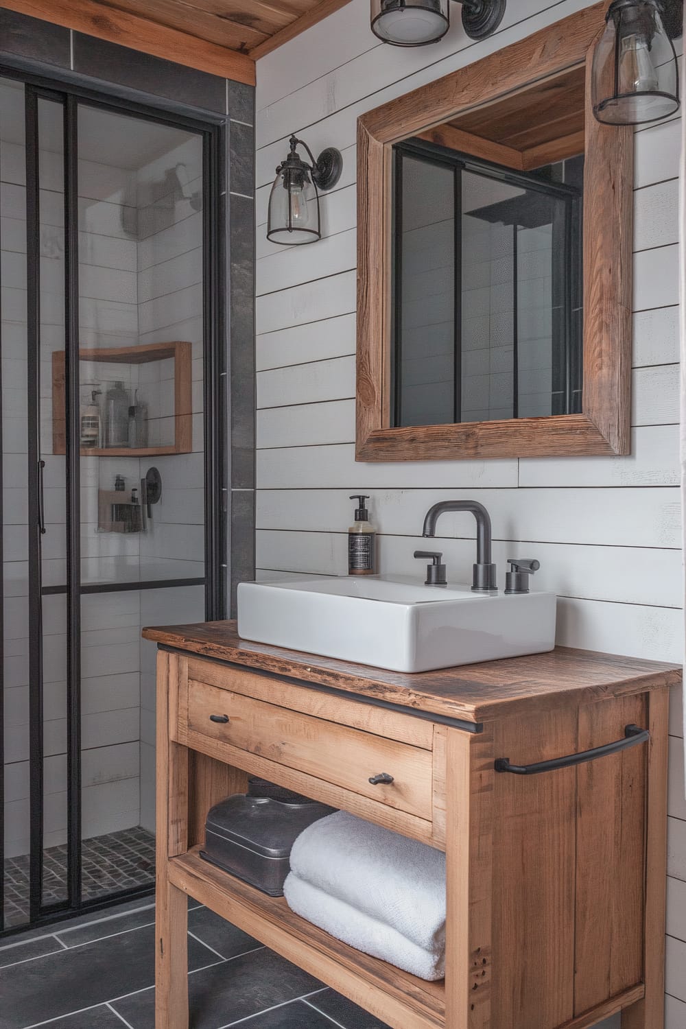 A rustic bathroom features a wooden vanity with a white rectangular vessel sink and dark metal faucet. The vanity has a drawer and an open shelf below holding neatly folded towels and a small metal box. A mirror with a thick wooden frame hangs above the sink, flanked by wall-mounted glass sconce lights with black metal fixtures. The shower, visible to the left, includes framed black glass doors and white shiplap walls, with a wooden shelf holding toiletries. The bathroom is characterized by white shiplap walls, dark floor tiles, and a wooden ceiling.