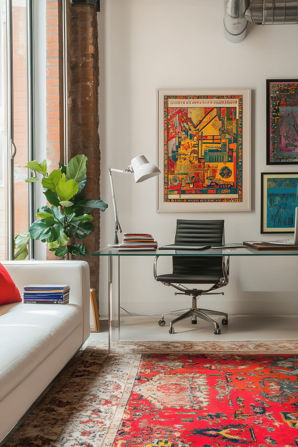 A spacious Milan studio with a mix of vintage and modern decor. The room features a large, intricate Persian rug in hues of red and gold, a modern white modular sofa and a sleek glass desk with chrome legs, upon which sits a minimalist lamp and a stack of art books. Vibrant modern art prints hang above the desk, providing a bold splash of color against the white walls. A tall fiddle leaf fig tree rests in a decorative planter, adding a touch of greenery to the interior. Natural daylight brightens the room through large windows.