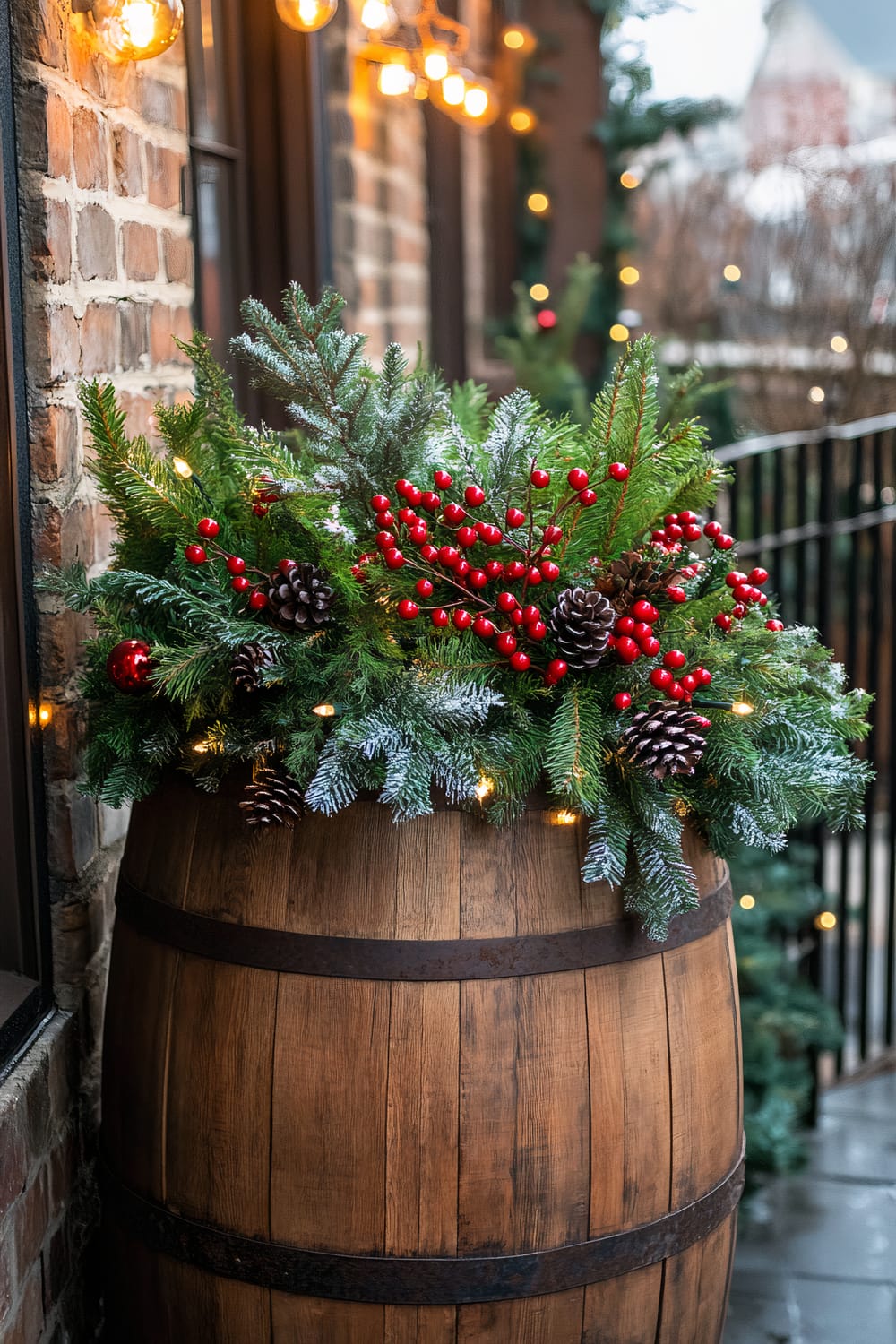 A large wooden wine barrel repurposed as an outdoor Christmas planter, filled with Blue Spruce branches, Yew, vibrant red Winterberries, and pinecones. The scene is set in an industrial-style backyard with exposed brick walls and metal railings. The barrel is illuminated by warm Edison bulb string lights, enhancing the festive decor.