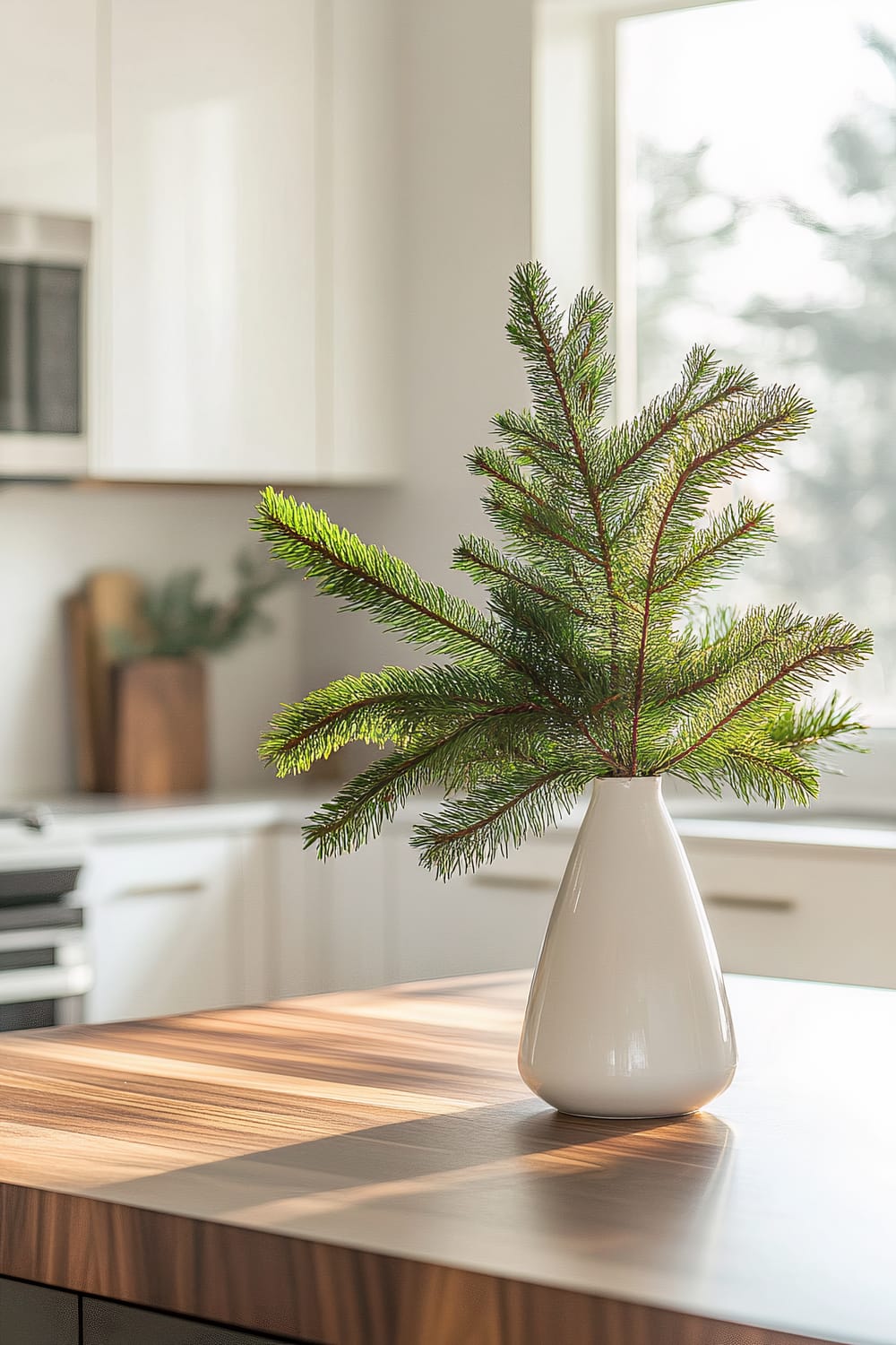 A modern kitchen with white cabinets, wooden countertops, and soft natural lighting. A single evergreen sprig is displayed in a simple white vase on the countertop, adding a touch of natural greenery to the minimal decor.