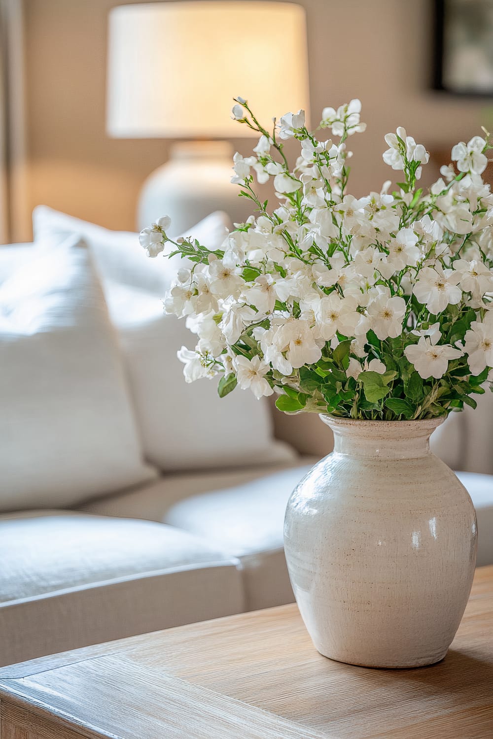 Close-up of a neutral-toned living room featuring a beige sofa with white throw pillows. A wooden coffee table holds a ceramic vase with fresh white flowers. A table lamp in the background emits soft, diffused light, creating a calm and harmonious atmosphere.