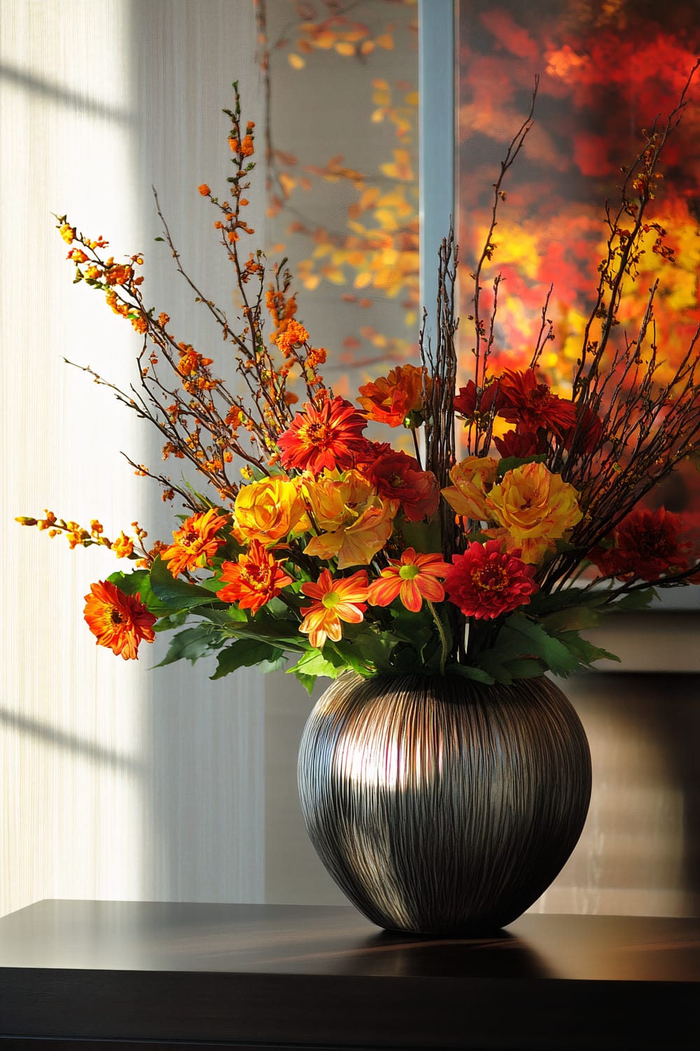 A decorative vase containing an arrangement of vibrant autumn-colored flowers is artfully displayed on a dark wooden surface. The vase is metallic with a textured, ribbed surface. Behind the arrangement, a blurred painting with red, yellow, and orange foliage complements the floral display.