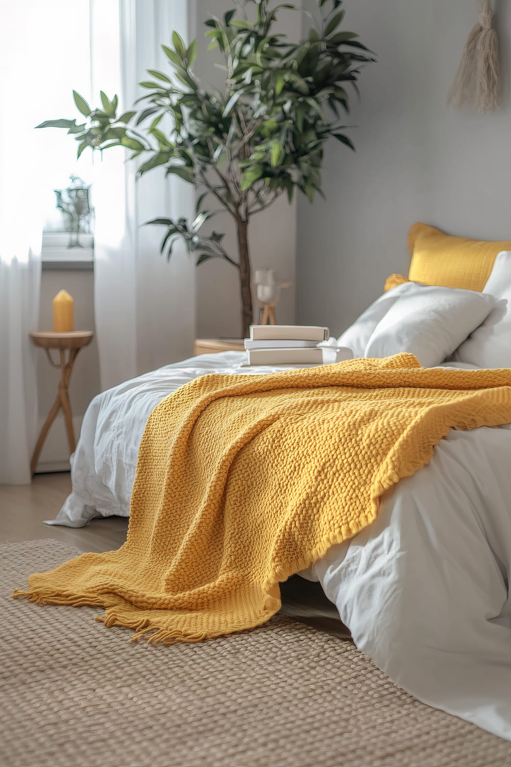 A bedroom scene featuring a bed with white sheets and a yellow knitted throw blanket. A matching yellow pillow is propped up behind the white pillows. A nightstand beside the bed holds a stacked white tray with books. In the background, a tall green indoor plant adds a touch of greenery and a window with sheer white curtains allows natural light to stream in. A small round table near the window holds a large yellow candle.