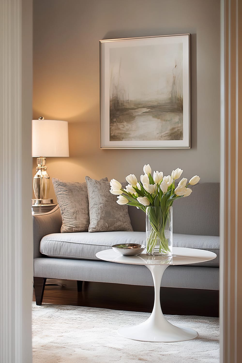 A minimalist living room featuring a gray sofa, gray cushions, and a round white coffee table with a vase of white flowers. A narrow console table with a lamp is placed on the left side of the sofa, and a framed art piece hangs on the wall behind it. Soft lighting creates a serene atmosphere.