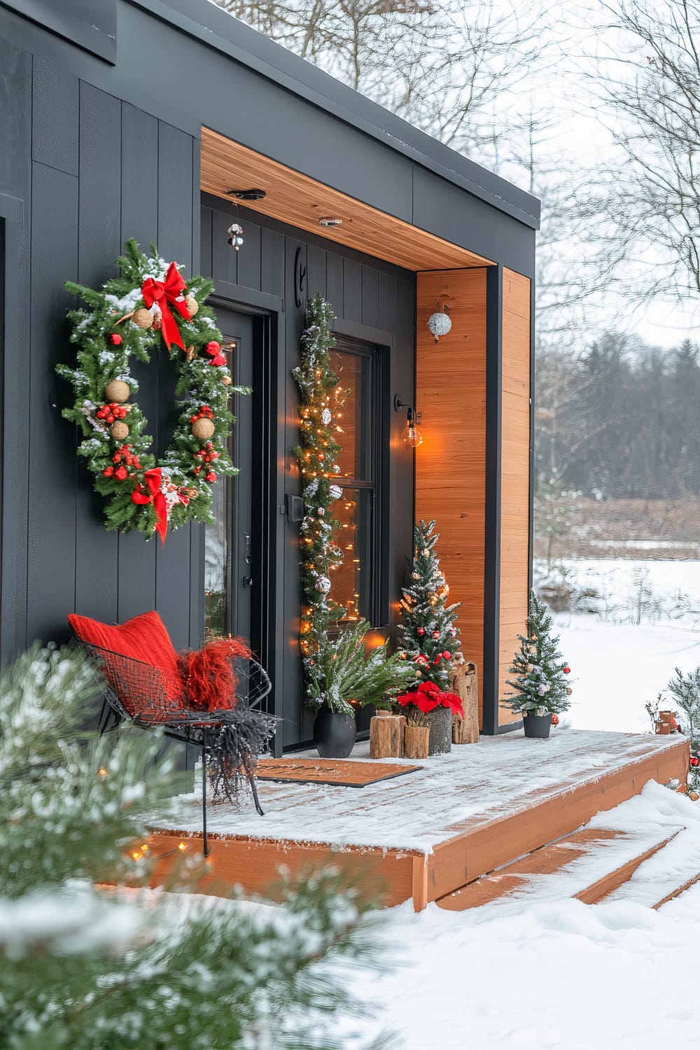 A modern, festive cabin patio adorned with Christmas decorations amidst a snowy landscape. The exterior has black cladding with a warm wooden overhang above the entrance. The door is framed by lush green garlands with twinkling lights and ornaments. A large wreath with a bright red bow hangs on the door. The porch features a black wire chair with bright red cushions, small potted evergreen trees, and a pot of red poinsettias. Snow blankets the steps and the surrounding area, creating a tranquil winter atmosphere.