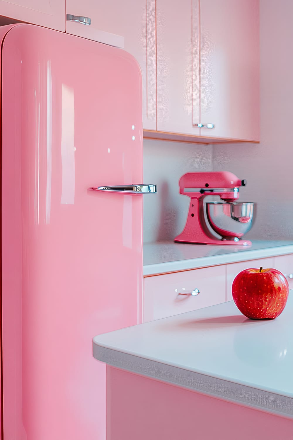 A 1950s-style kitchen with a pastel pink refrigerator, white Formica countertop, chrome stand mixer, and a single red apple on the counter. The cabinets, also pastel pink, feature chrome handles.