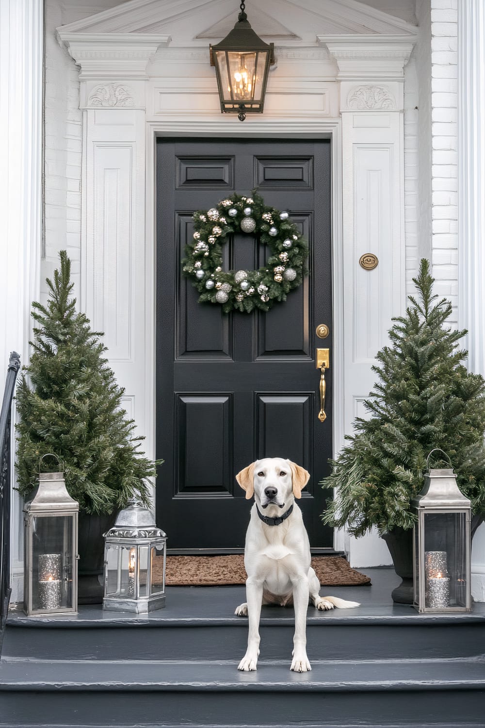 A Christmas porch with a tall black door decorated with a gold and silver wreath. Two symmetrical planters with small evergreen trees stand on either side of the door. A white Labrador Retriever sits on the steps, next to polished lanterns glowing with candlelight. The porch railings are adorned with garland featuring silver and white accents.