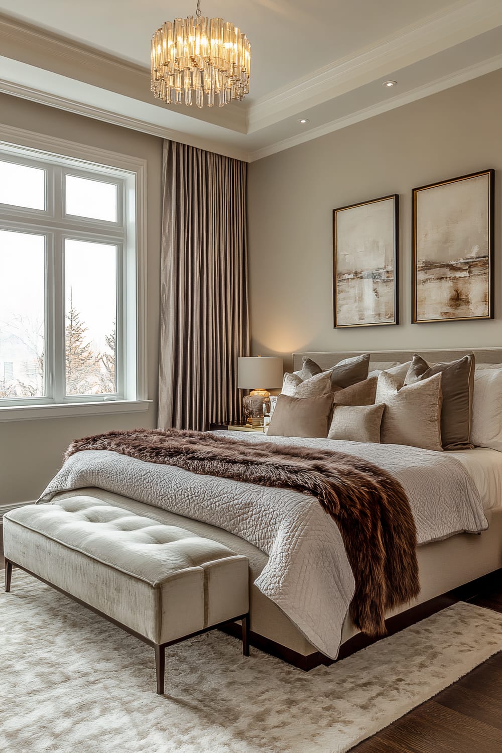 A serene and elegantly decorated bedroom featuring a large bed adorned with numerous plush pillows and a luxurious fur throw blanket. The room is illuminated by a crystal chandelier hanging from a tray ceiling. Beside the bed is a sophisticated glass lamp sitting on a bedside table. The walls are painted in a soft, neutral tone and accented with two abstract paintings. Thick drapes in a taupe color frame a large window, allowing natural light to filter into the room. At the foot of the bed is an upholstered bench, resting on a plush area rug with a subtle pattern.