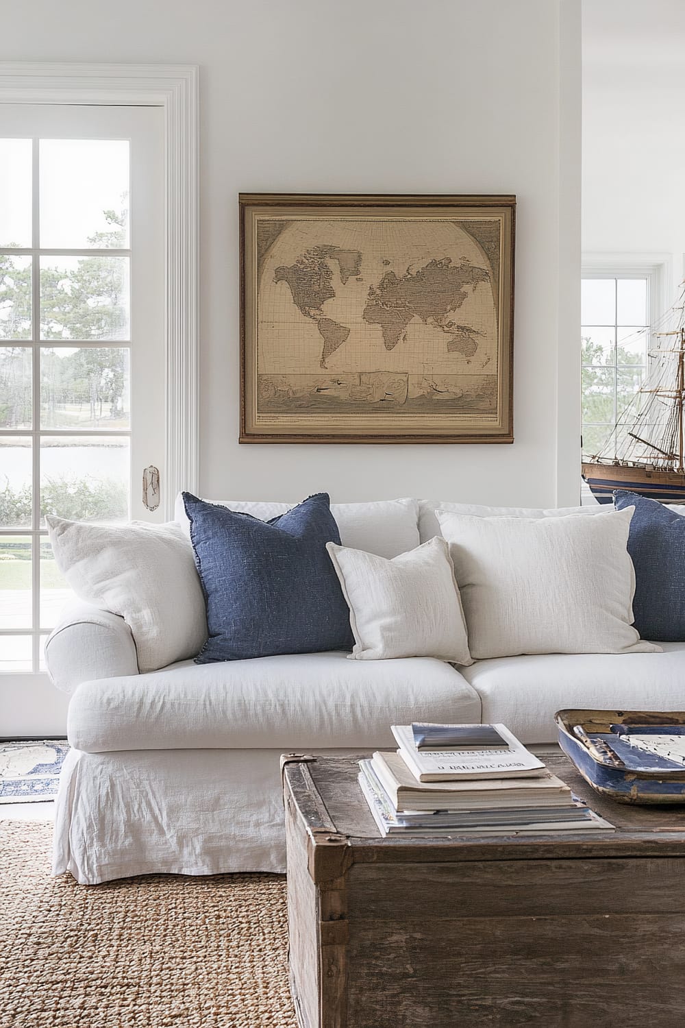 A cozy living room features a white sofa adorned with multiple cushions, both in white and blue. Above the sofa, a framed vintage world map hangs on the wall. In front of the sofa is a rustic wooden coffee table with a pile of books and a decorative tray. The room is bathed in natural light from the large windows that offer a view of a tranquil outdoor setting with trees and water.