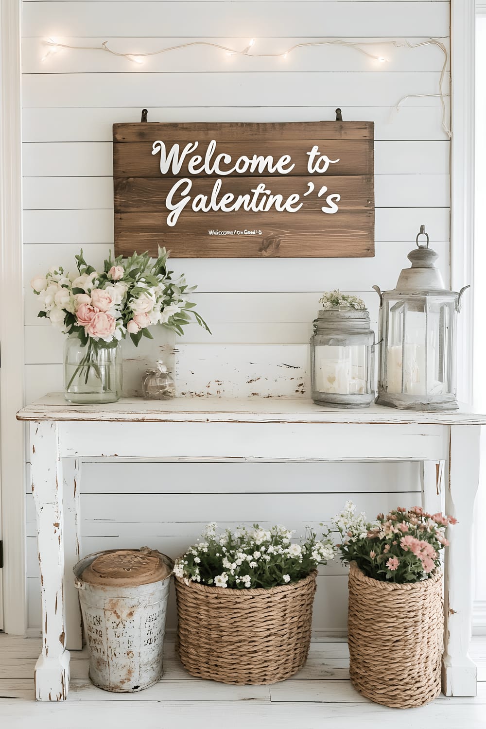 A farmhouse-style entryway adorned with Galentine's Day decorations. A reclaimed wooden sign reading "Welcome to Galentine’s" hangs above a whitewashed console table bearing a vintage lantern and a mason jar full of wildflowers. Woven baskets with fresh flowers are placed on both sides of the doorway. Overhead, drapey string lights create a warm glow.