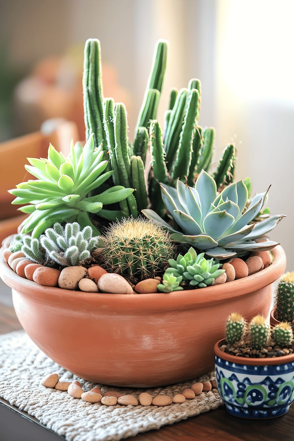 A large, rustic clay pot filled with an array of cacti and succulents of various sizes, embellished by decorative sand, small wooden rocks, and terra cotta beads, acting as a centerpiece on a distressed wooden kitchen table covered with a neutral-toned runner. Additional small succulents in colorful ceramic pots complement the main arrangement, all under bright, natural light, which emphasizes the green hues and different textures of the plants.