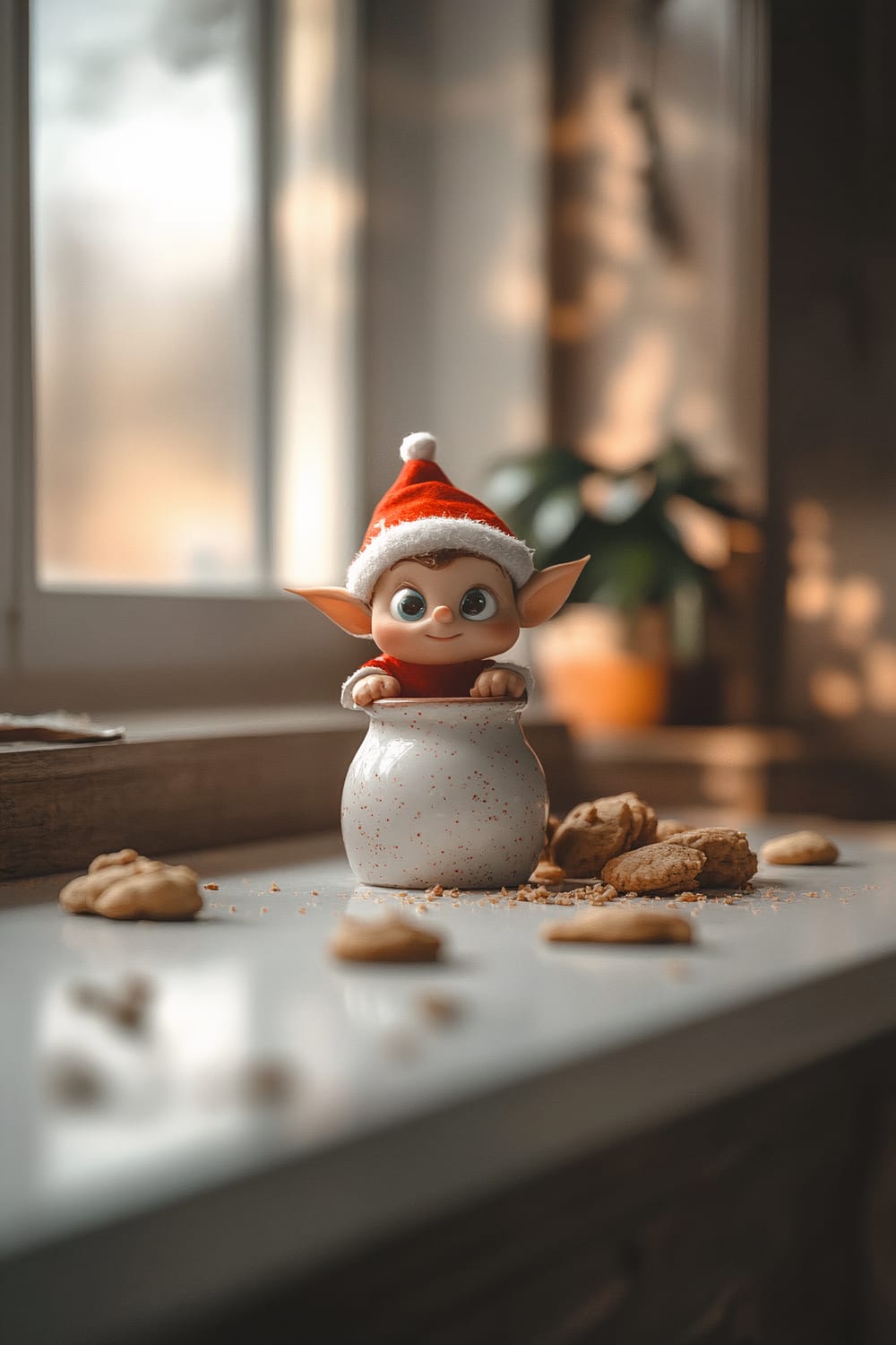 An elf wearing a red Santa hat playfully peeking out from a white speckled cookie jar on a white countertop, surrounded by scattered cookie crumbs and cookies. The scene is warmly lit by natural light from a nearby window, adding a cozy ambiance.