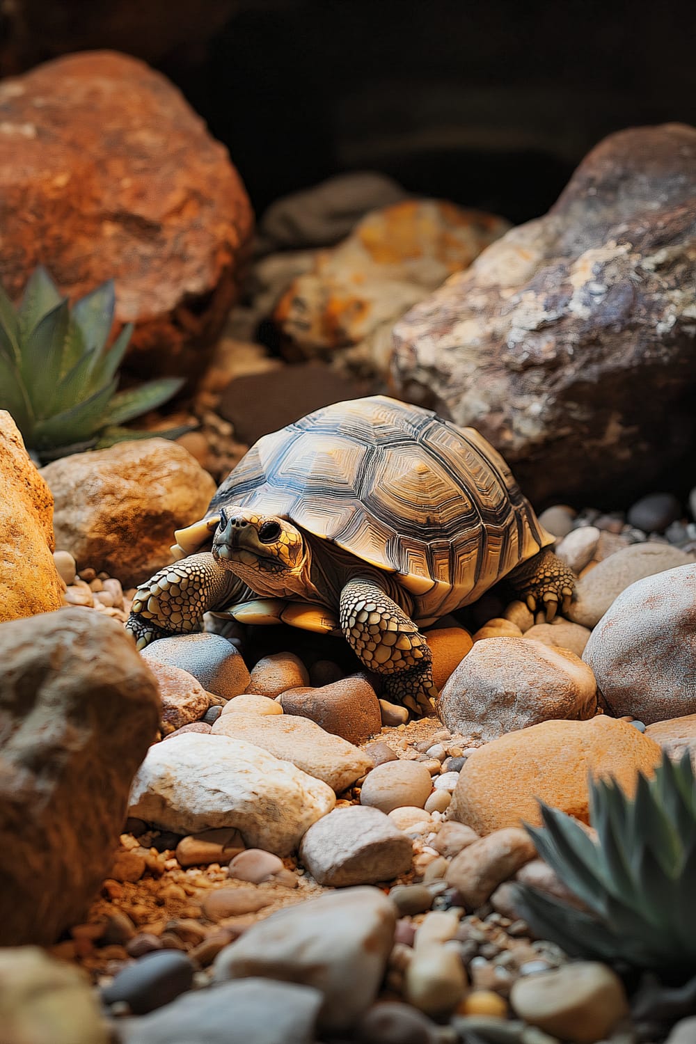 A tortoise resting among an array of smooth rocks and pebbles, surrounded by a few small green plants and larger, more rugged rocks in the background.