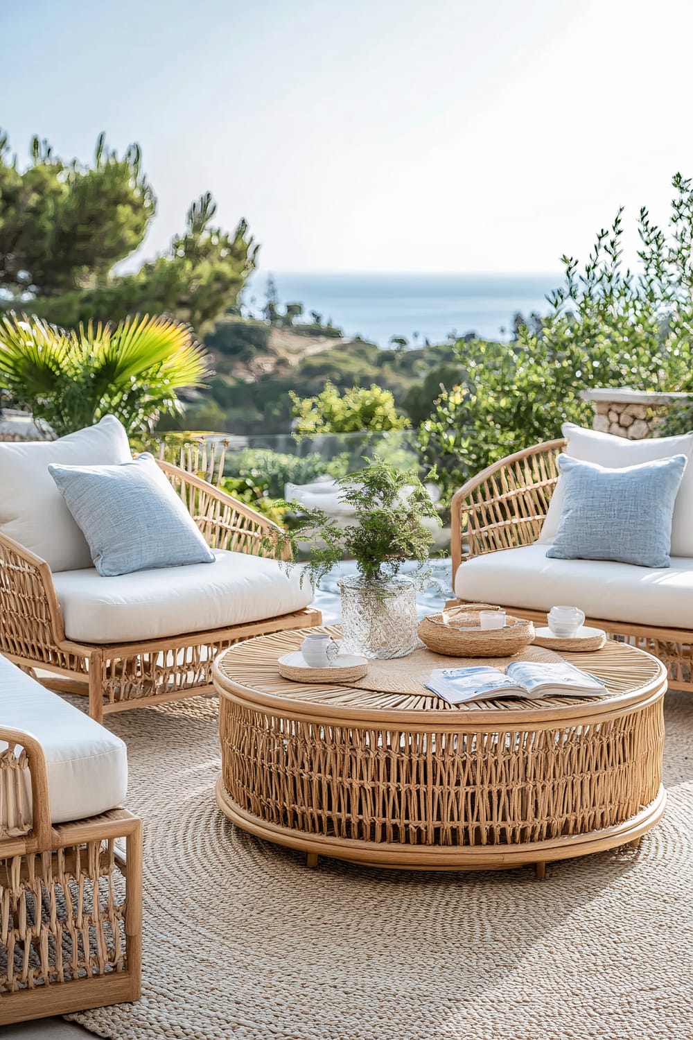 An outdoor seating area featuring white cushioned rattan chairs and a matching circular coffee table. The table is adorned with various items, including a glass vase with green plants, a magazine, and several ceramic cups on woven coasters. The scene is set on a round woven rug with lush greenery and a distant view of the ocean and hills in the background.