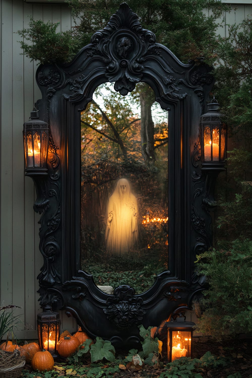 An outdoor Halloween decoration features a large antique mirror mounted on a house exterior. The mirror's dark, ornate frame includes elaborate carvings, and it reflects a ghostly apparition dressed in a flowing white gown. The mirror is flanked by three flickering candlelight lanterns, casting a soft, eerie glow. Surrounding the base of the mirror are pumpkins and leafy plants. The background reveals a twilight sky with warm sunset colors transitioning into darkness, enhancing the haunting atmosphere.