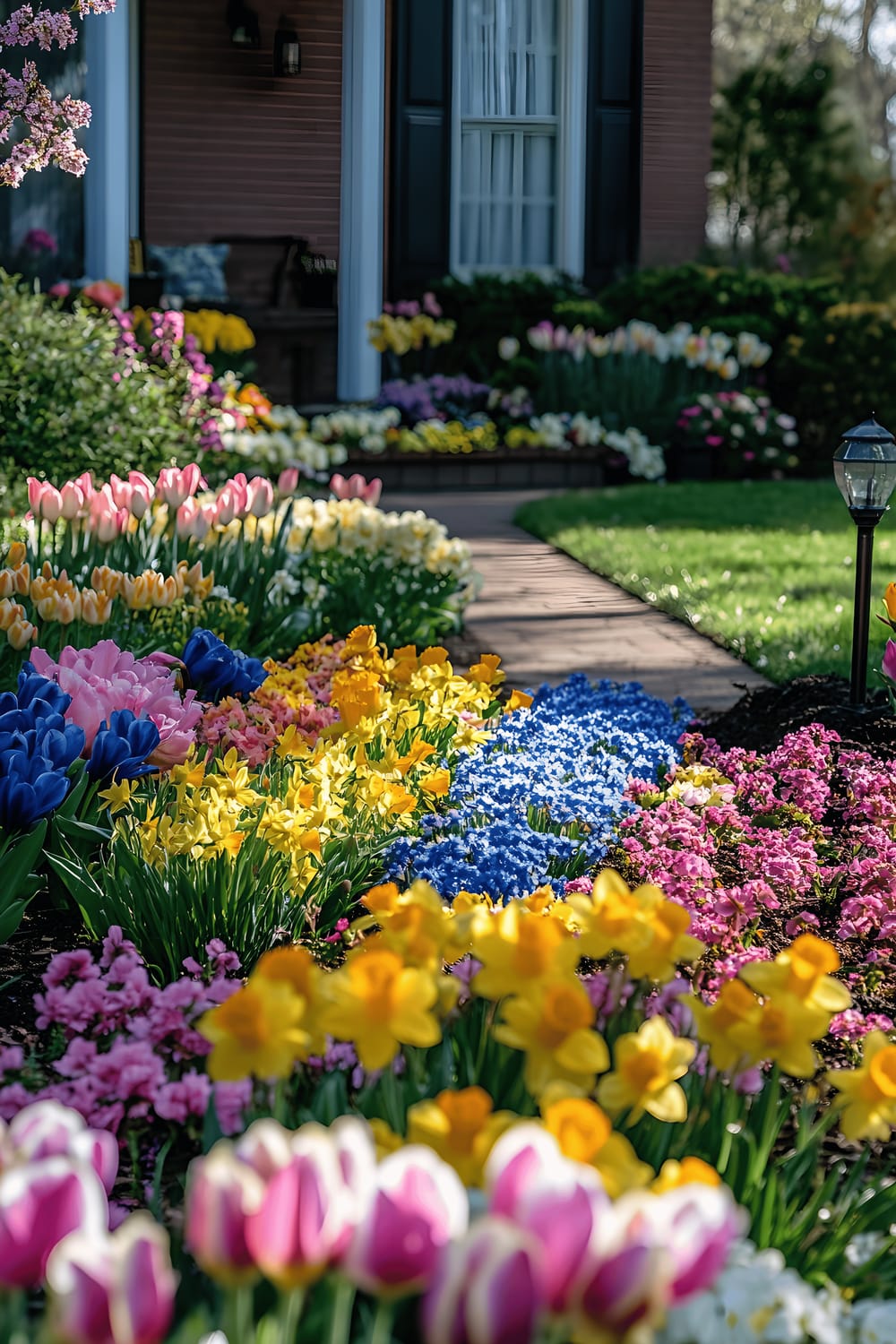 A picturesque and vibrant front yard garden under the warm glow of a sunny day. The garden is a colorful melange of spring blooms - daffodils, tulips, snapdragons in varying shades of yellow, red, pink, and purple. A quaint little pathway, marked by solar lights, winds its way through the garden, adding to its charm.