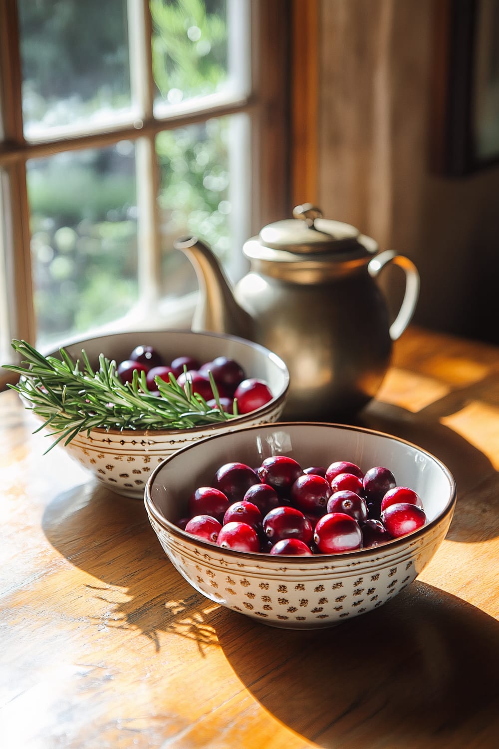 A vintage-inspired kitchen nook featuring a rustic wooden table with two mismatched ceramic bowls filled with fresh cranberries and rosemary sprigs, and a single metallic teapot with a vintage pattern. Soft natural light streams in from a nearby window, enhancing the warm tones of the scene.