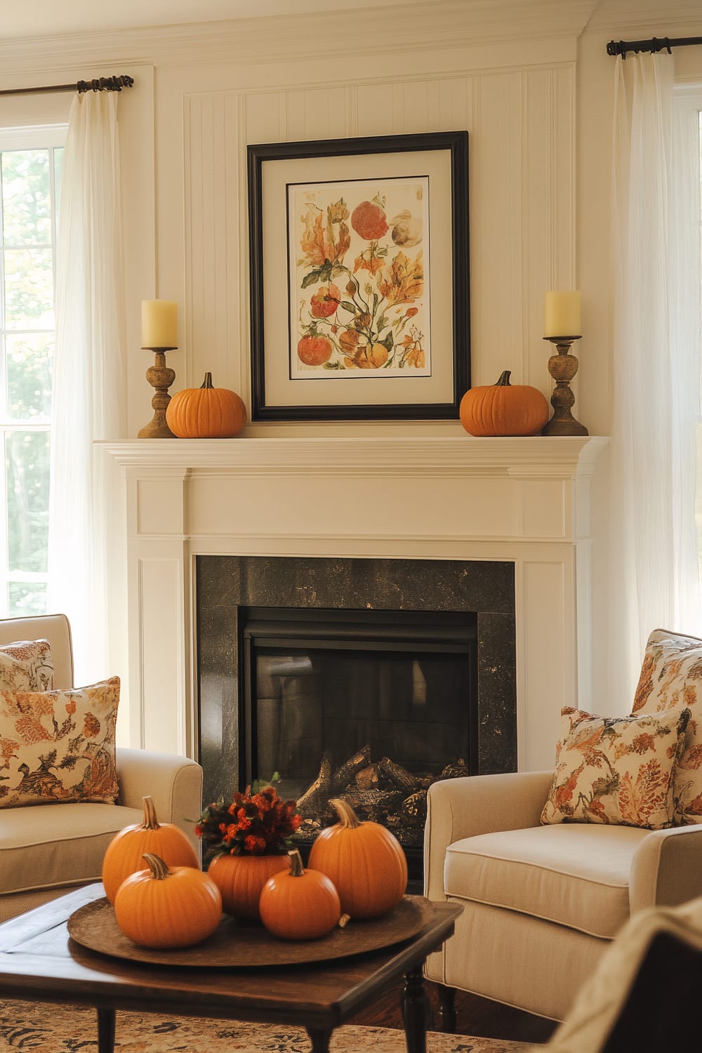 A cozy living room with a fall-themed decor centered around a white fireplace adorned with pumpkins. Two beige armchairs with patterned cushions flank the hearth, and a wooden coffee table in the foreground displays several pumpkins and a small flower arrangement. The mantel above the fireplace features two candles in holders, additional pumpkins, and a framed botanical print. Soft, natural light filters through sheer curtains, creating a warm and inviting atmosphere.