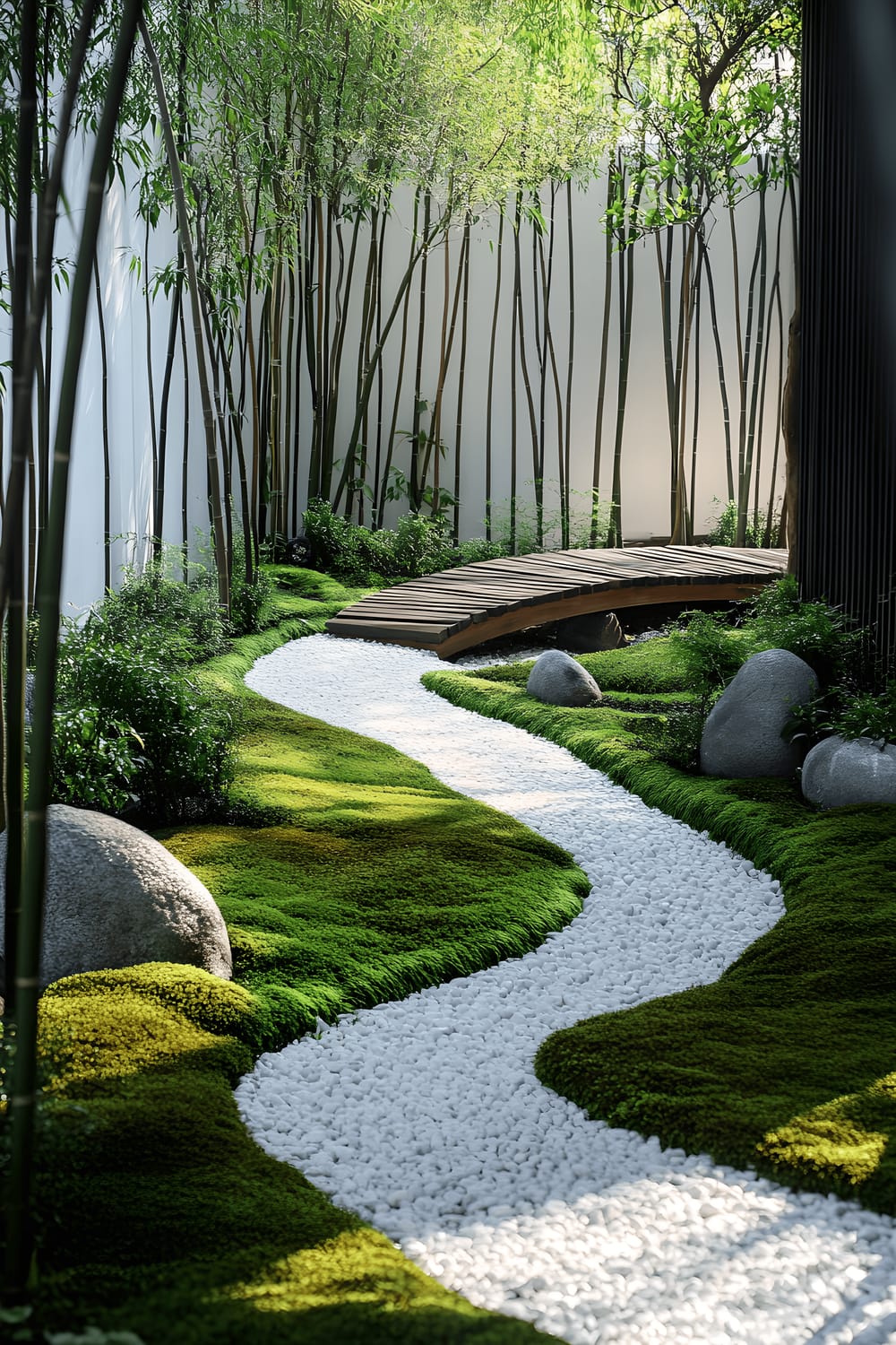 A minimalist Japanese Zen garden with a winding pathway made of smooth gray river rocks coursing through an area covered in plush green moss. Sparse, towering bamboo plants line the path, and a small, rustic wooden bridge gracefully arches over a shallow, stone-lined water basin. The scene is dappled with gentle morning sunlight and shadows, contributing to a serene and tranquil atmosphere.