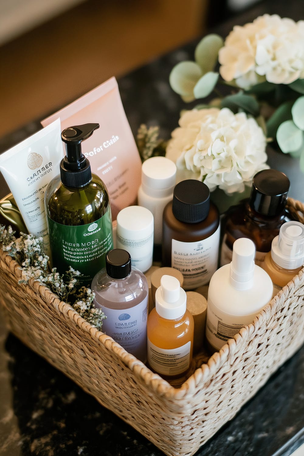 A neatly arranged woven basket filled with various skincare products, such as lotions, cleansers, and oils, is shown in this image. The basket includes an array of bottles, both plastic and glass, with different colored labels. The products are nestled amongst some small white flowers and green leaves, adding a touch of natural elegance. The basket is placed on a sleek, dark-colored countertop.