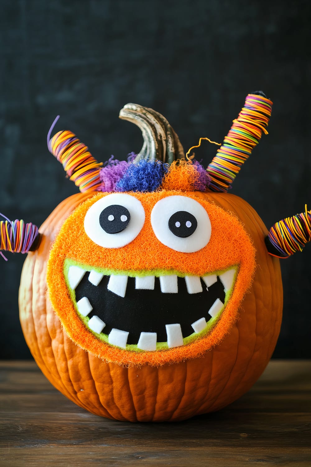 A decorated pumpkin transformed into a whimsical monster. The pumpkin has a large, wide smile with felt teeth, and large bulging eyes. Bright orange fuzzy material covers the mouth and upper face area, while its "hair" is made of colorful yarn in shades of purple and orange. The pumpkin's natural stem serves as the monster's nose, and additional stems wrapped in rainbow wire are used as horns on the sides of its head.