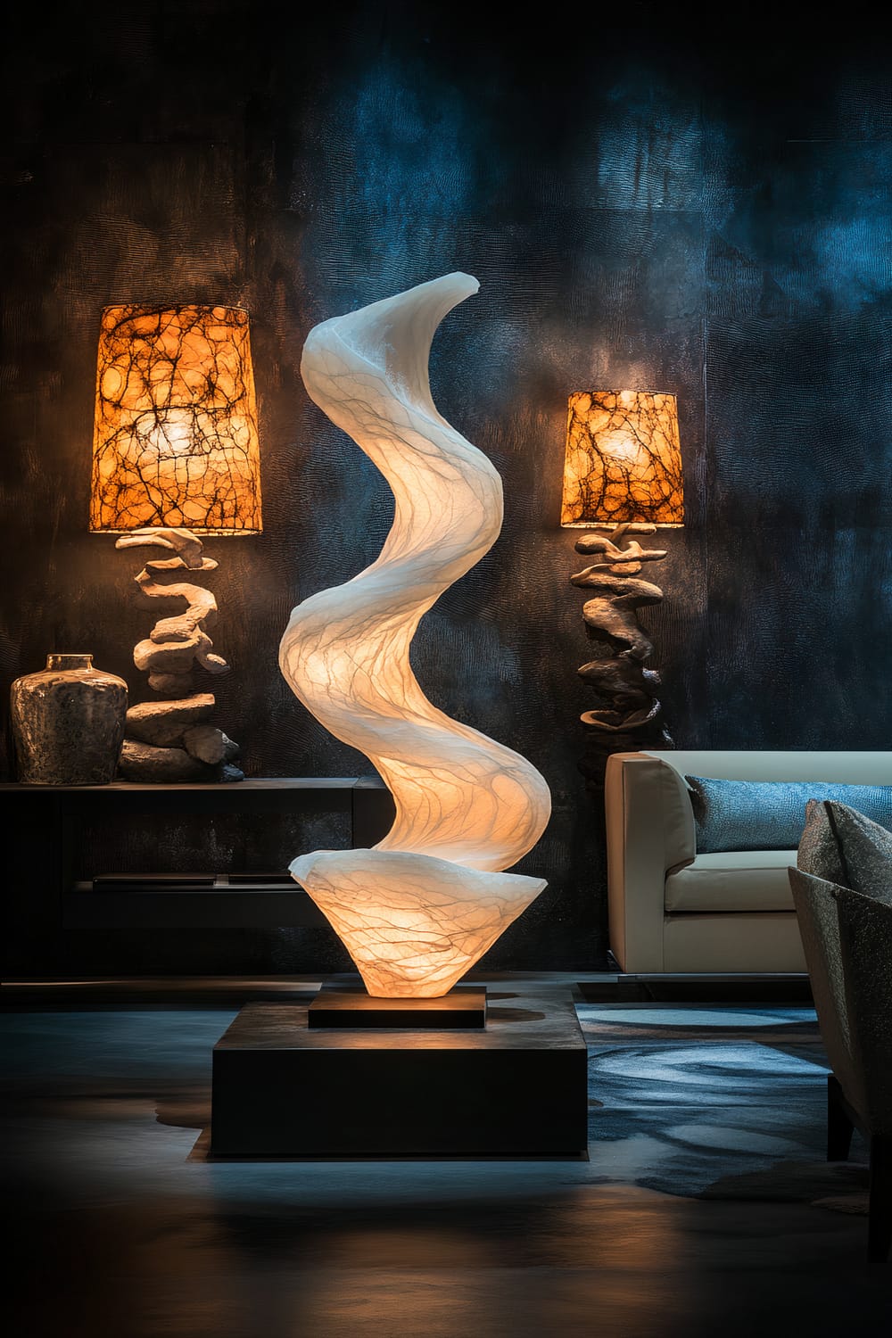 An elegant living space features an illuminated abstract sculpture emitting a soft glow set against a dark, textured wall. The sculpture, with a flowing, organic shape, is placed on a low square pedestal. On either side of the sculpture are two lamps with abstract, stacked stone bases and shades that emit a warm, soft light. In the background, luxurious furniture, including a beige sofa with a blue-gray cushion, is partially visible. The decor suggests a sophisticated and mysterious atmosphere, potentially designed for Halloween.