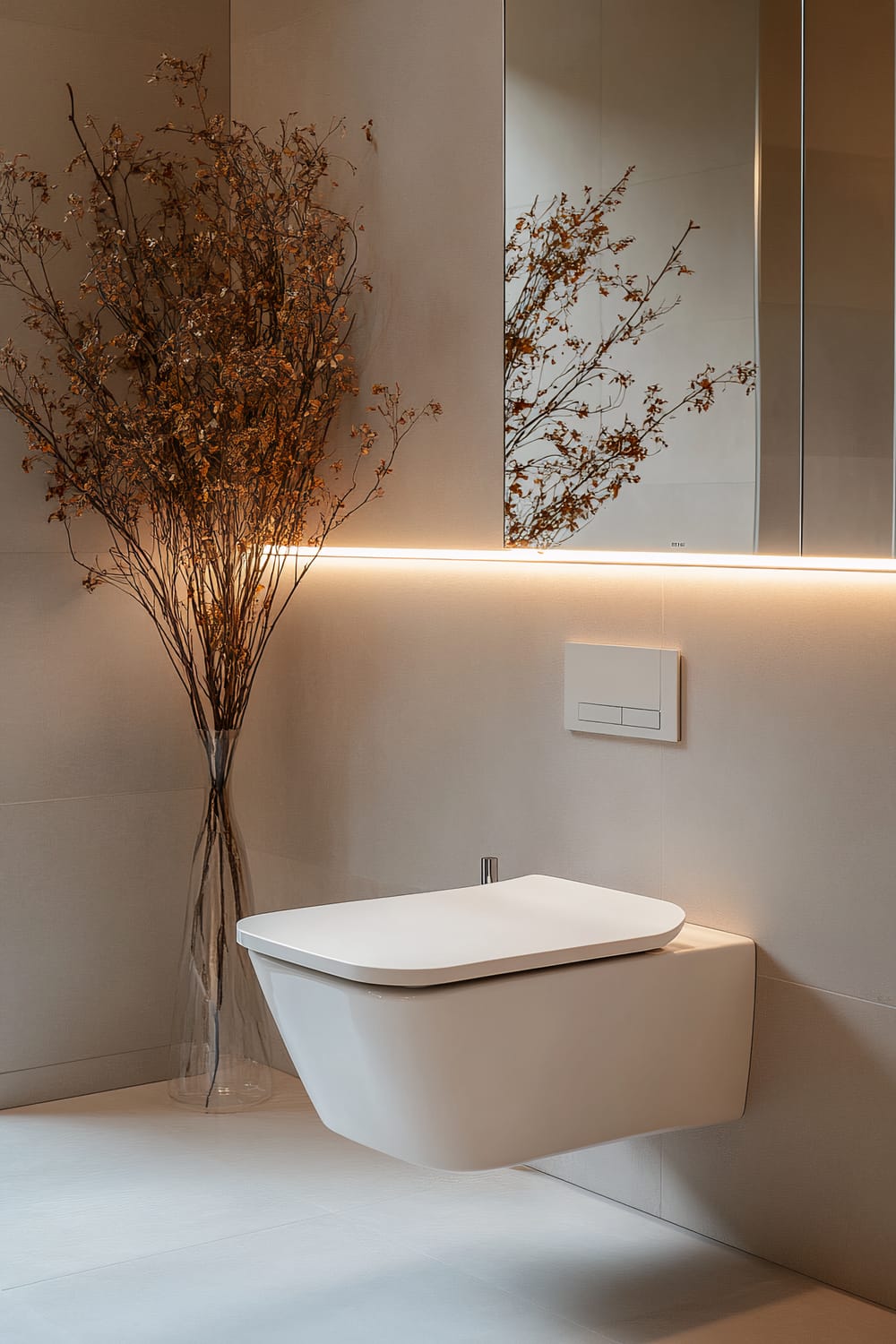 An elegant modern bathroom featuring a wall-mounted toilet with a sleek, minimalist design. The wall above the toilet is adorned with a rectangular mirror that appears to extend horizontally. A vase filled with tall, dried branches sits on the floor to the left of the toilet, and warm, indirect lighting illuminates the space from beneath the mirror, casting a soft glow.