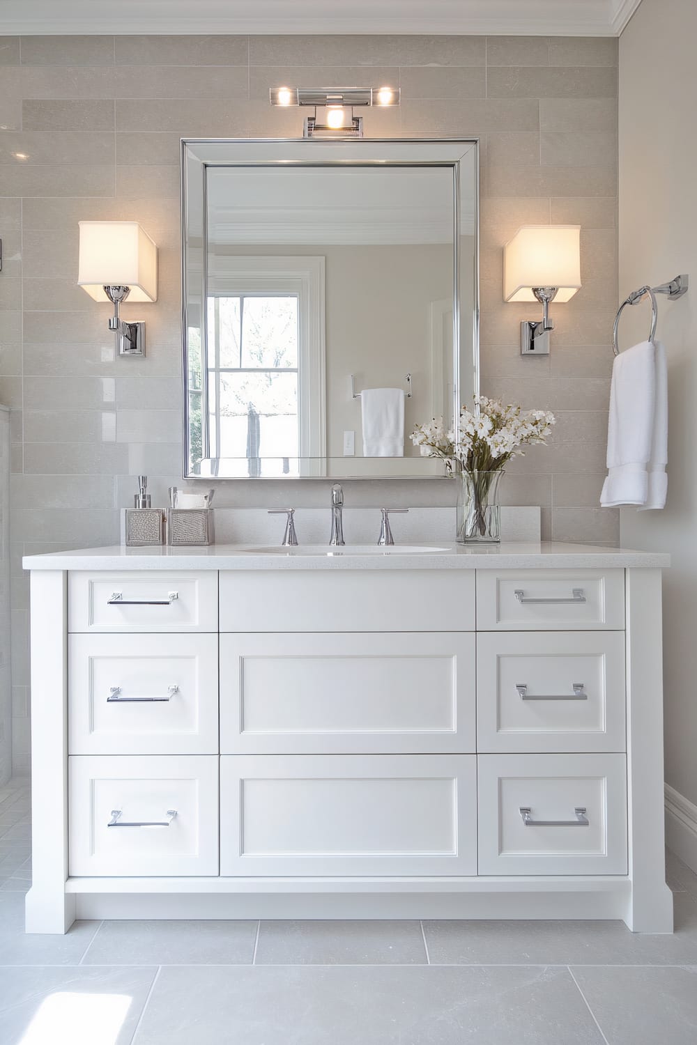 An elegant bathroom vanity setting featuring a pristine white cabinet with paneled drawers and modern handles. Above the countertop stands a large, framed mirror reflecting natural light from an adjacent window. The vanity top is adorned with two metallic soap dispensers and a vase of delicate white flowers. Flanking the mirror are wall-mounted lights with white shades, contributing to the room's clean and bright aesthetic. Additional details include beige tiled walls, a chrome towel ring with a white towel, and a clean, grey-tiled floor.