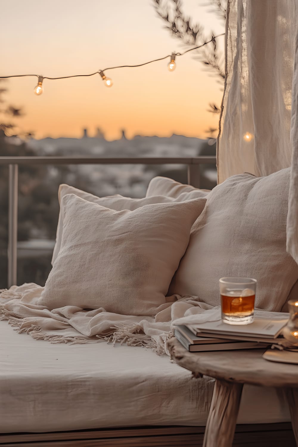 A small, homely patio during sunset featuring an inviting, cushioned daybed draped in a creamy linen throw. A natural wood side table nearby holds a stack of books and a glass of iced tea. The enchanting twilight sky paints the horizon in hues of orange and pink, accented by soft string lights twinkling above.