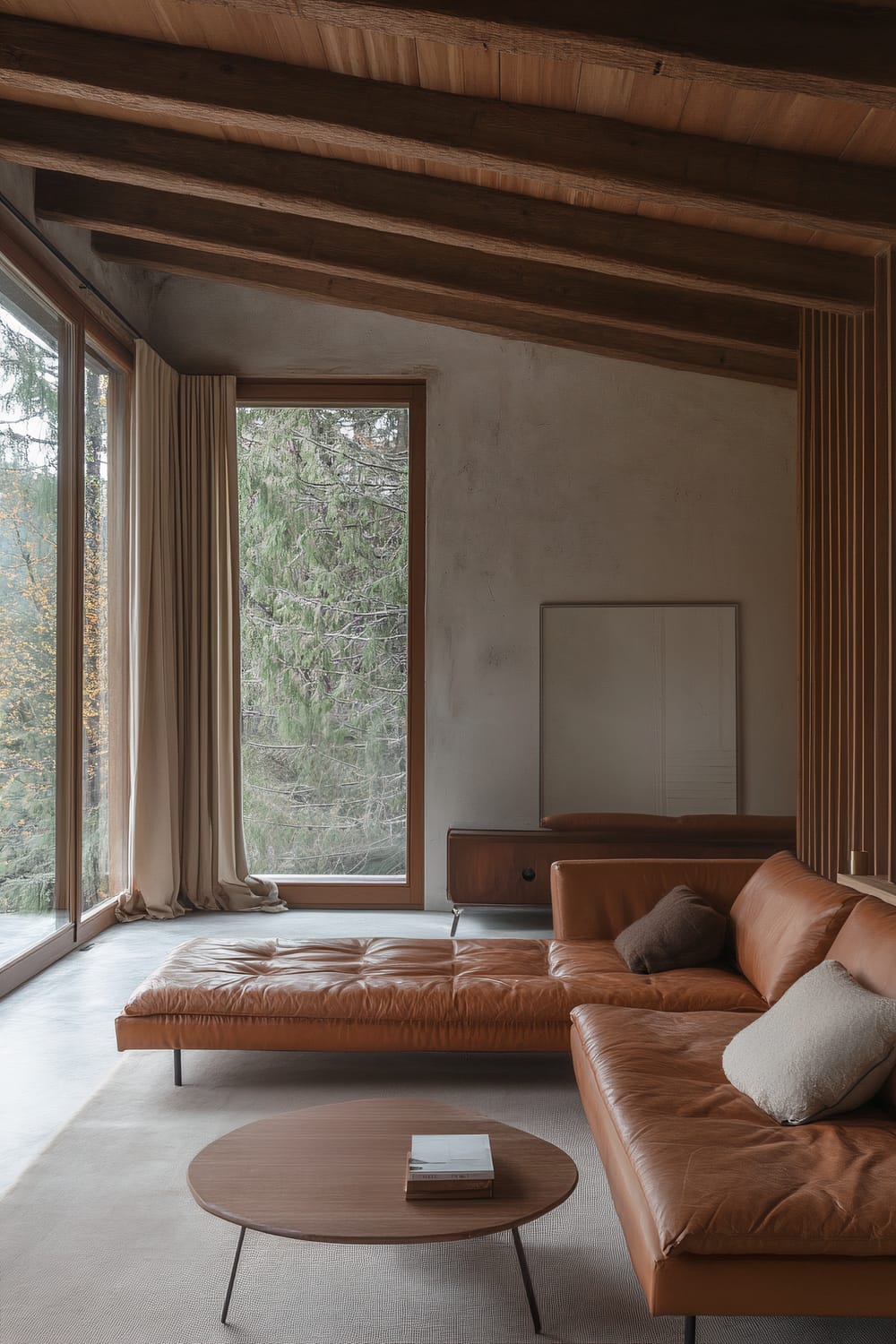 A Milanese living room inspired by the Alps, featuring a brown leather couch and a vintage daybed. The room has high, slatted wooden accents on the walls and ceiling and large windows overlooking a forest. There’s a minimalist coffee table in front of the couch.