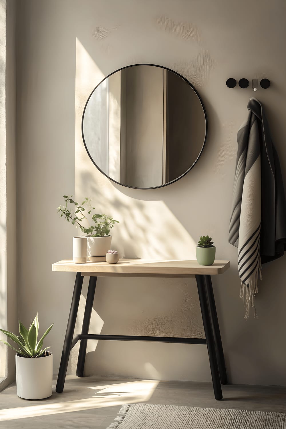 A spacious, bright entryway featuring a light oak console table against a light gray wall, decorated with a round black-framed mirror, a set of pastel ceramic keys, and a green succulent in a white planter. Towards the side, a minimalist black coat rack holds a few coats and scarves, adding to the welcoming ambience of the space.