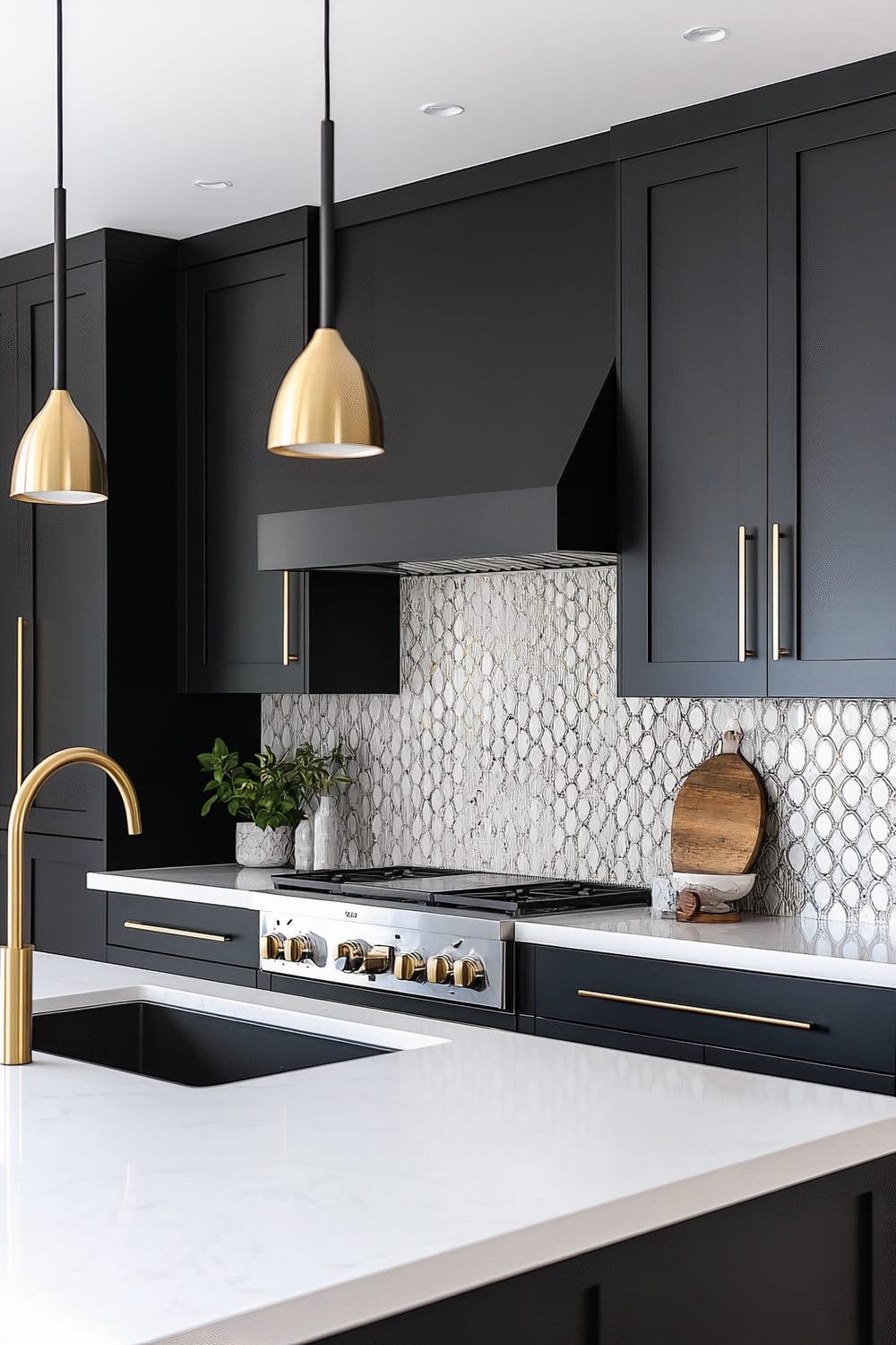 This image portrays a modern kitchen with a sleek, sophisticated design. The cabinetry is black with gold hardware, creating a striking contrast. A patterned backsplash with a mix of white and gold geometric shapes provides visual interest. The countertop is a pristine white marble, complemented by a large undermount sink with a gold faucet. Overhead, two elegant gold pendant lights hang, casting a warm glow over the space. A potted plant and a wooden cutting board add a touch of natural texture and warmth.