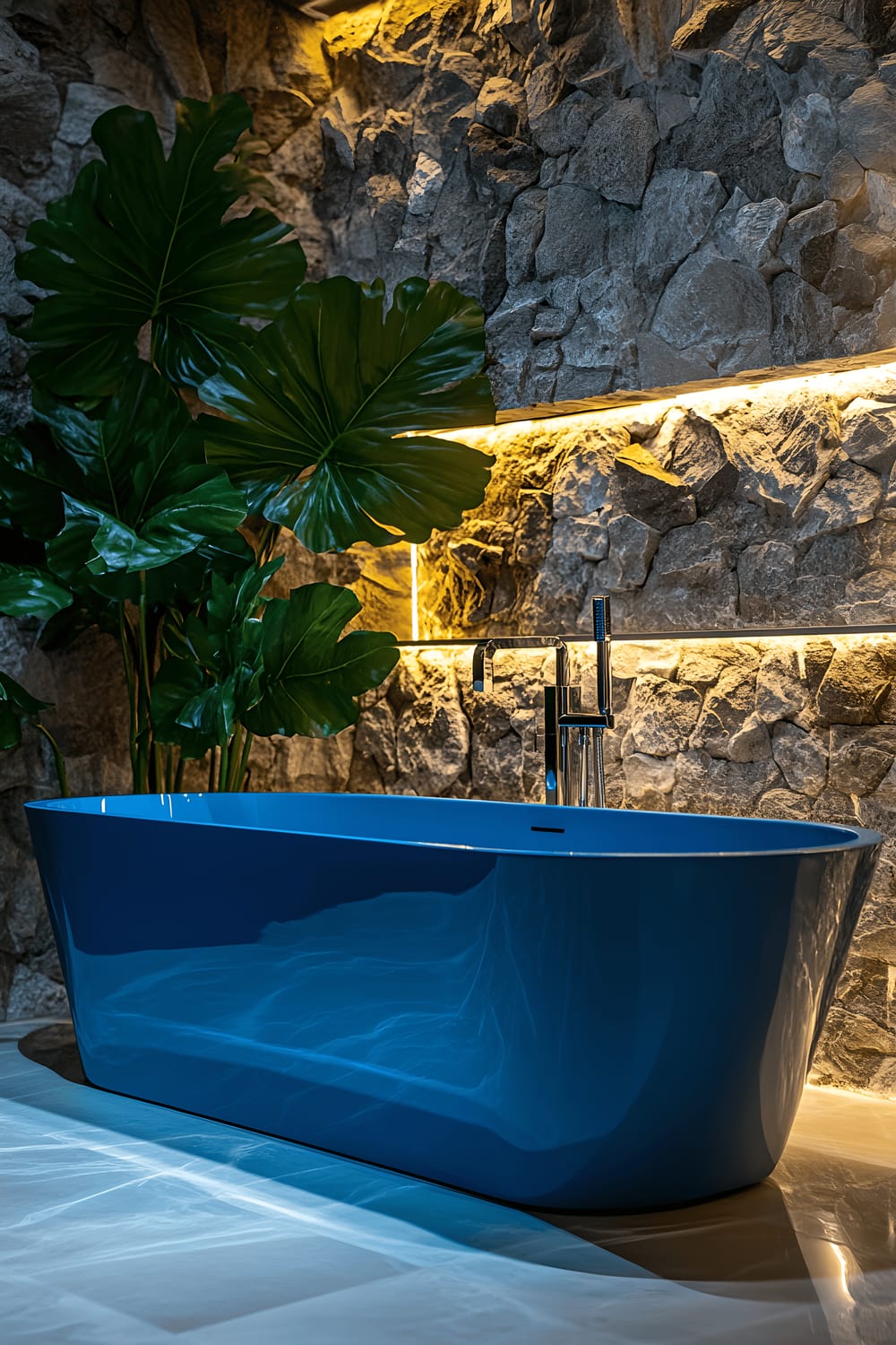 A luxurious bathroom featuring a freestanding tub in deep blue color against textured stone walls with minimalist chrome fixtures. The tub is highlighted by soft backlighting that accentuates its contours. Near the tub, a large leafy plant adds a touch of nature to the space.