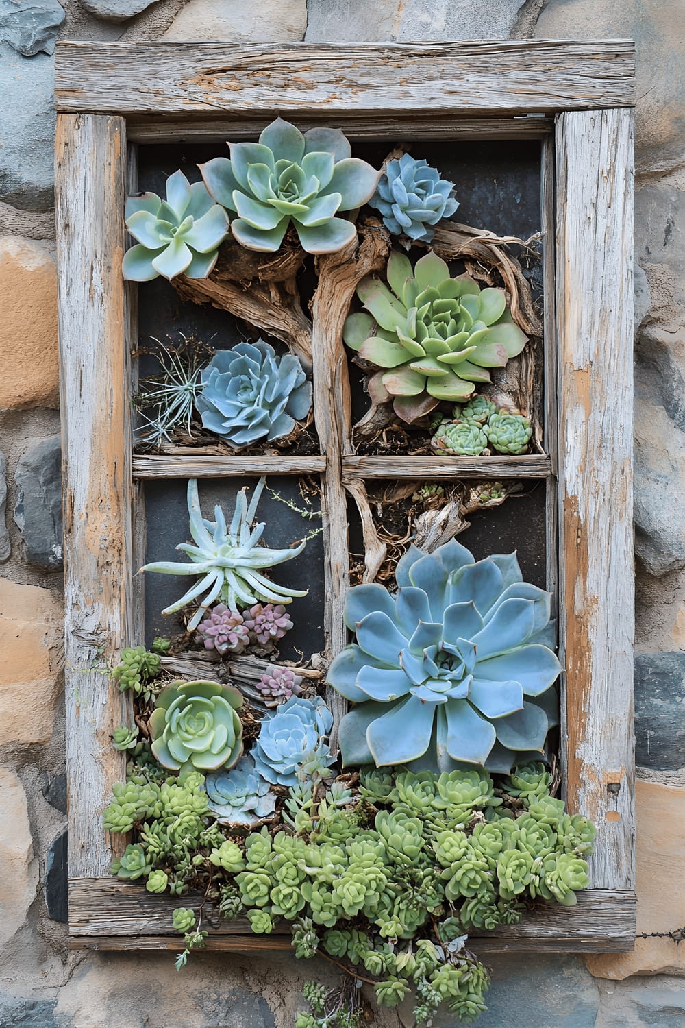 An old, rustic wooden window frame is reimagined into an eye-catching vertical garden on a grey, stone wall. The window frame hosts a variety of succulents like blue echeveria, air plants, and pieces of driftwood all creatively arranged for an appealing artistic display.