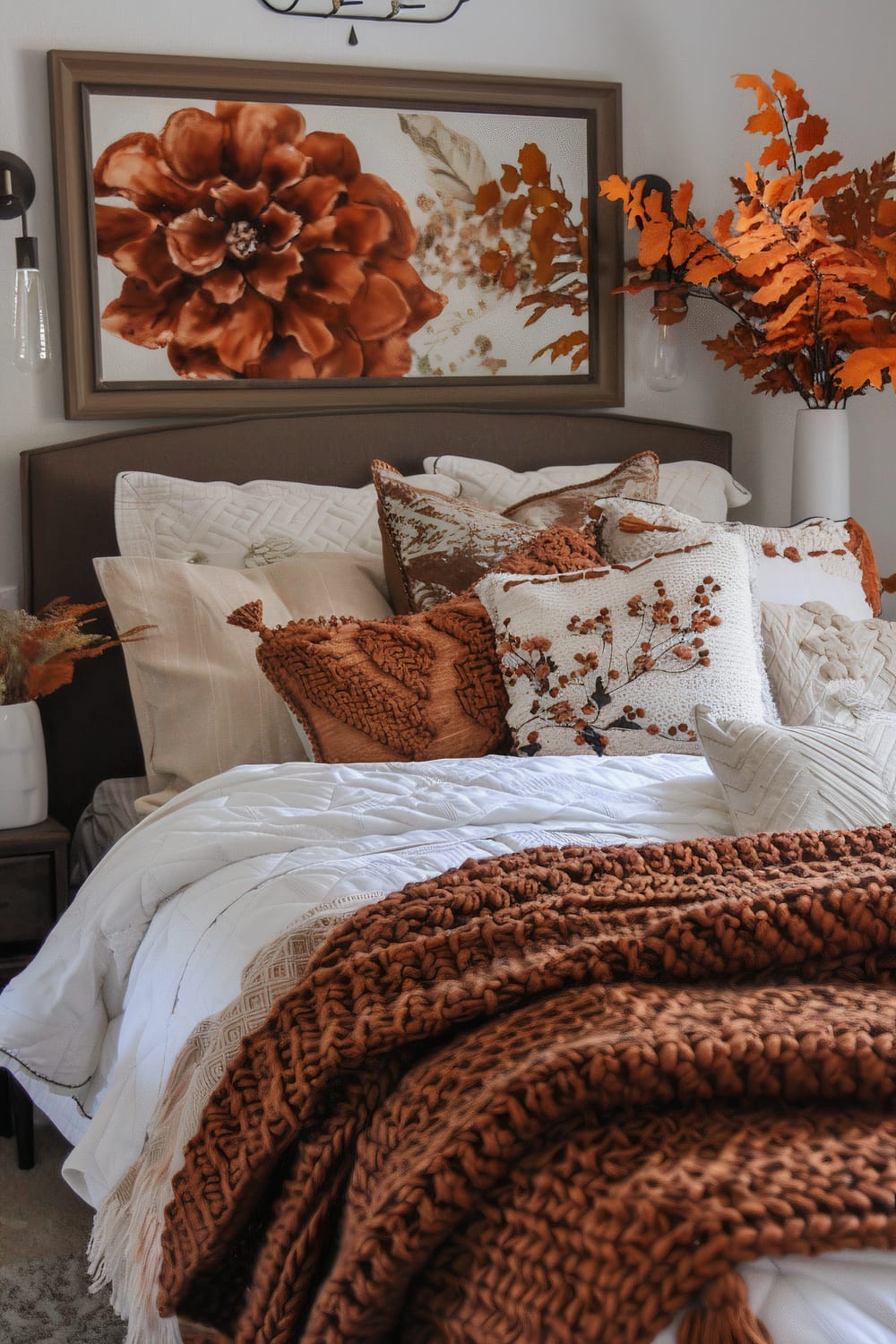 A bedroom with a stylish autumn-themed design. The bed features a combination of white and earth-toned bedding, adorned with plush pillows in shades of beige, brown, and rust. A chunky rust-colored knitted throw is draped over the bed. Above the bed, a large artwork of an orange flower and foliage enhances the seasonal ambiance. A vase with orange leaves is placed next to the bed, reinforcing the autumnal theme.